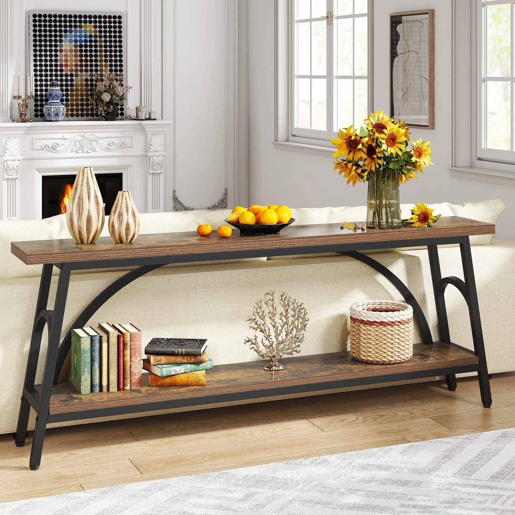 70.8” Extra Long Console Table, Narrow Sofa Tables with 2 Tier Storage Shelves