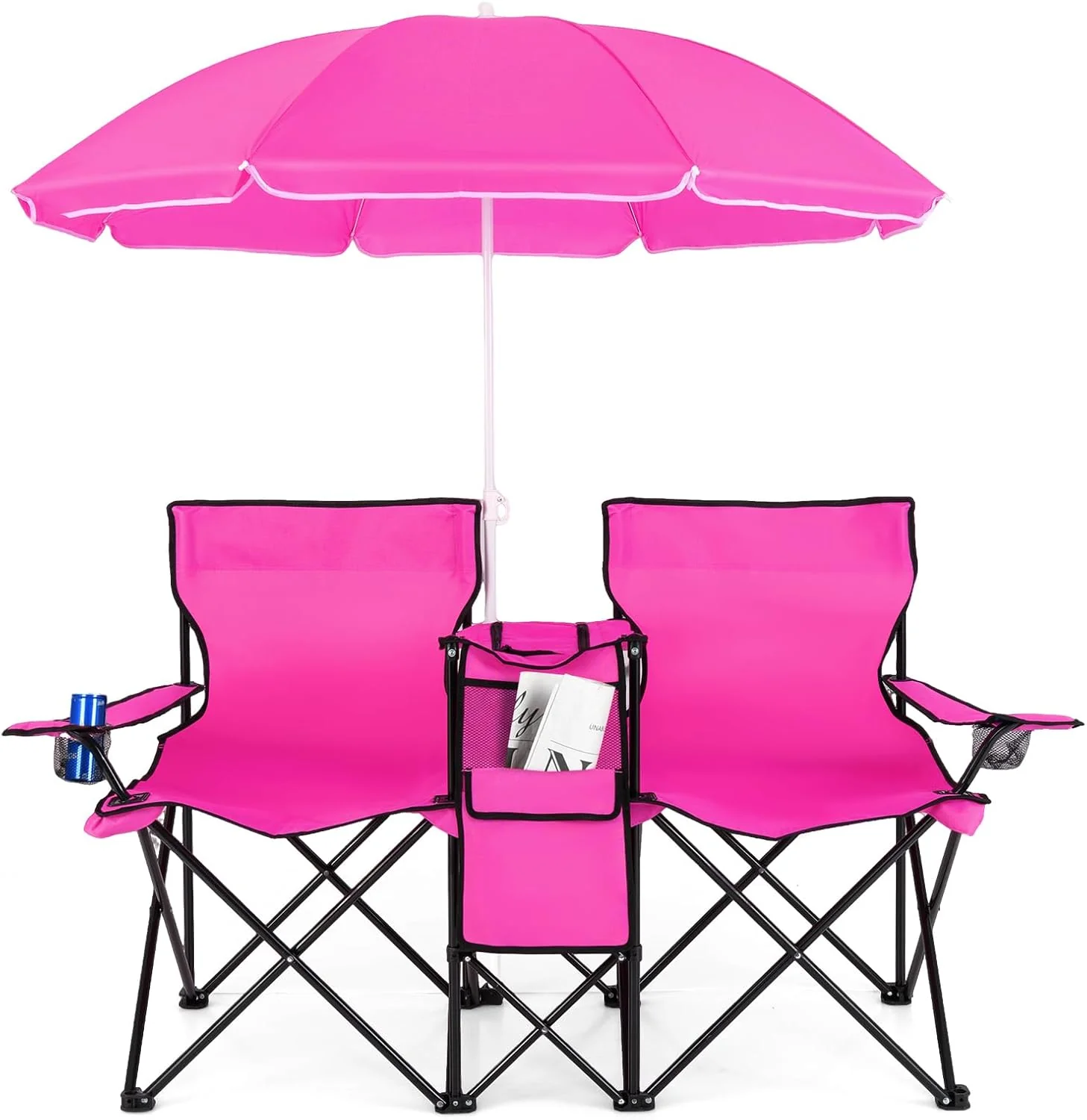 Double Folding Picnic Chairs Umbrella Mini Table Beverage Holder Carrying Bag(Blue)