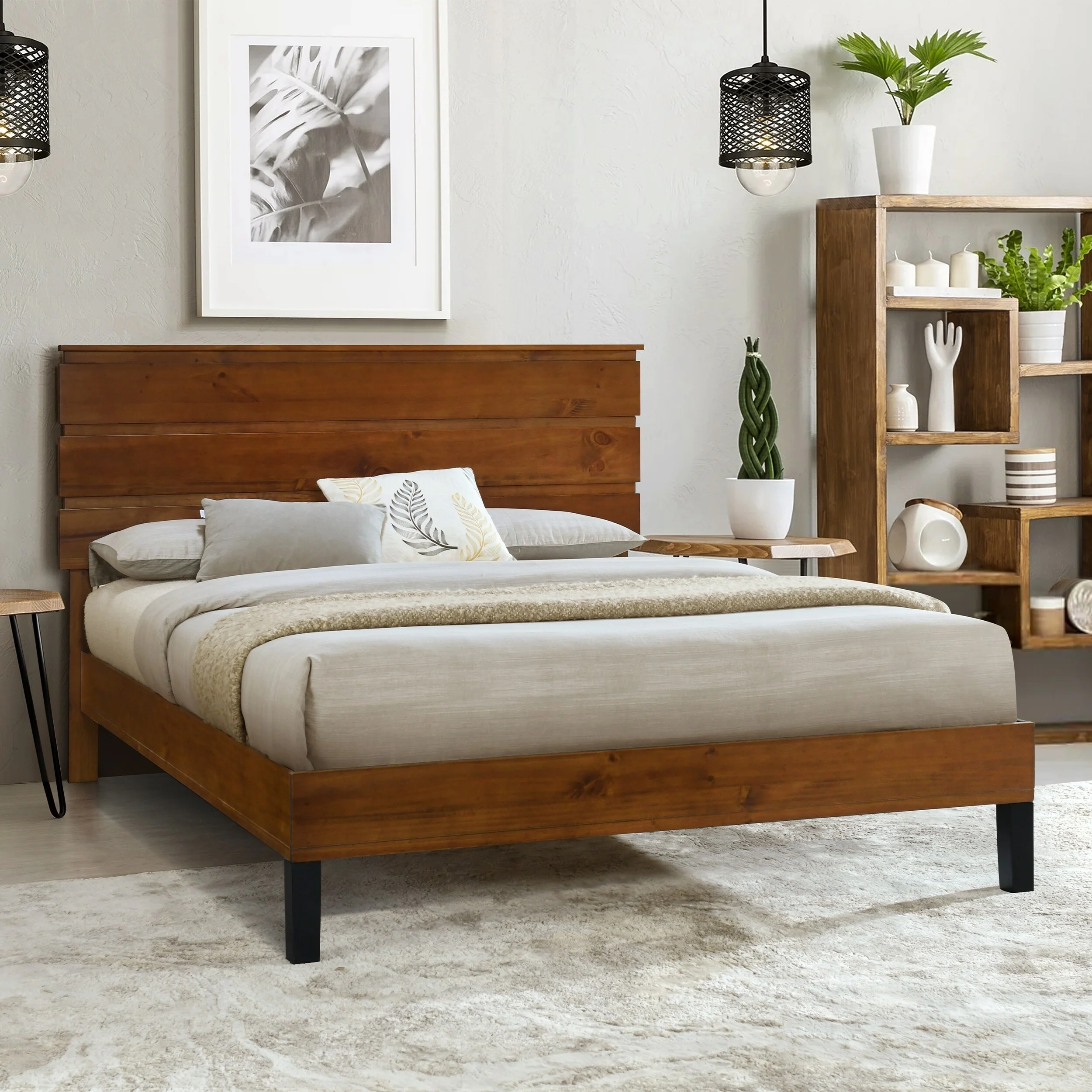 Elegant Full Size Pinewood Bed with Unique Headboard and No Box Spring Needed