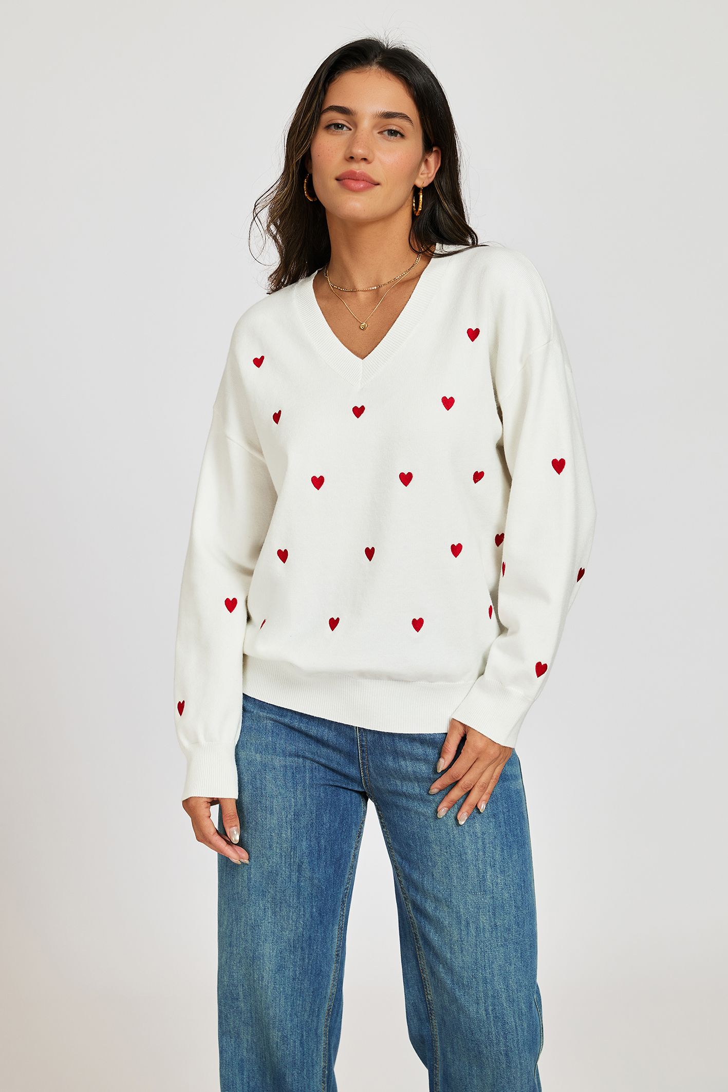 FS Collection Embroidery Red Heart V Neck Jumper In Cream