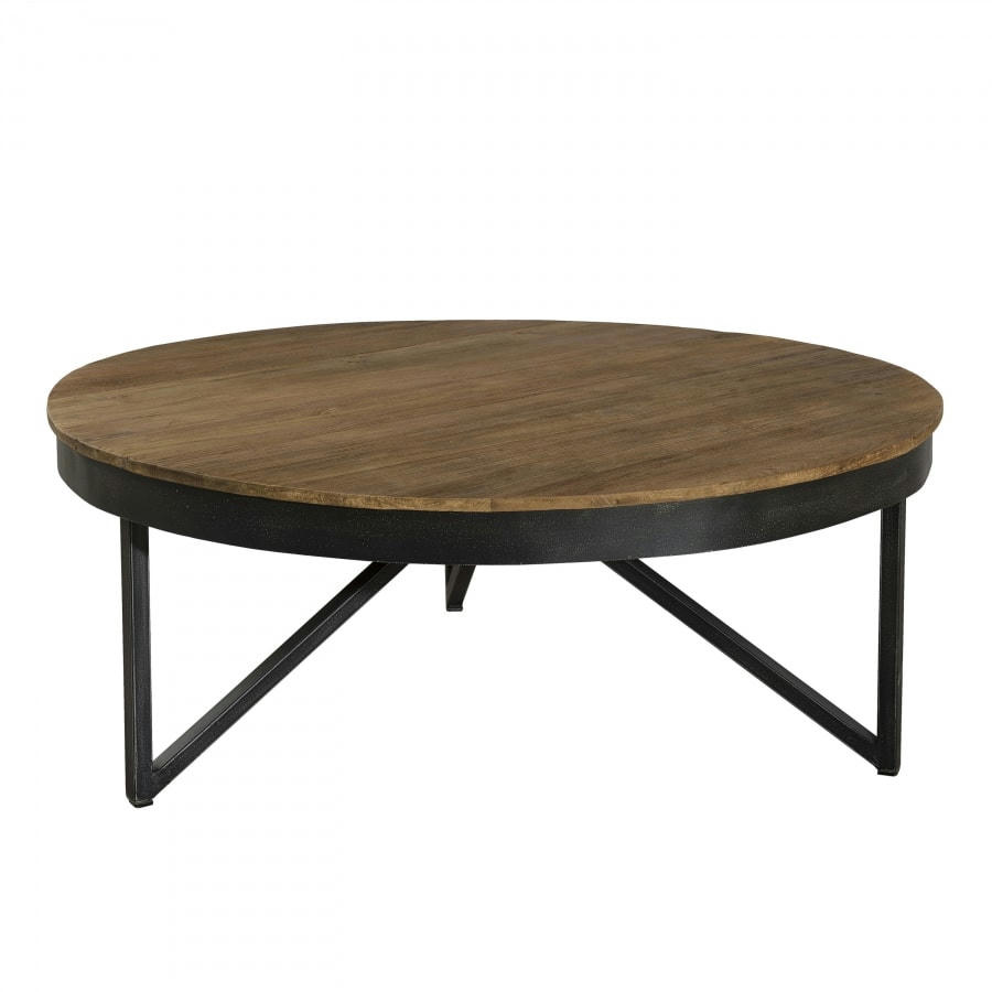 ALIDA - Table basse ronde en teck recyclé et pieds métal noir D90