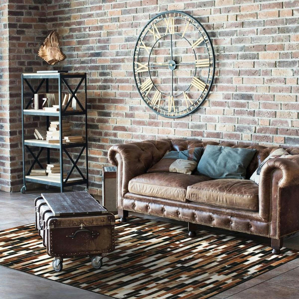 CUIR - Tapis en cuirs recyclés lignes marron multi 160x230