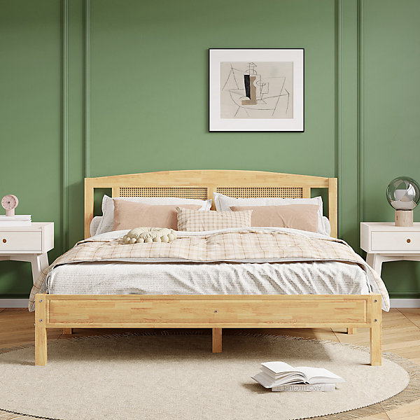 Lit 160x200 cm en pin et rotin PE avec tête de lit décorative, design naturel, 15 lattes et pieds centraux