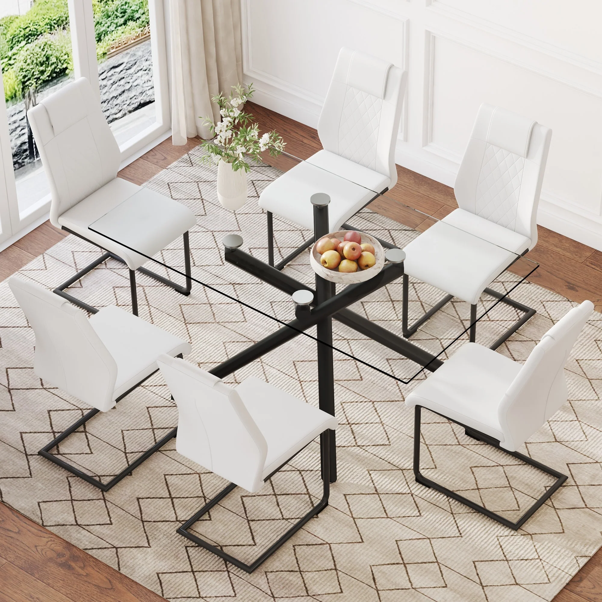 Modern Dining Set with Rectangular Tempered Glass Table and PU Upholstered Dining Chairs
