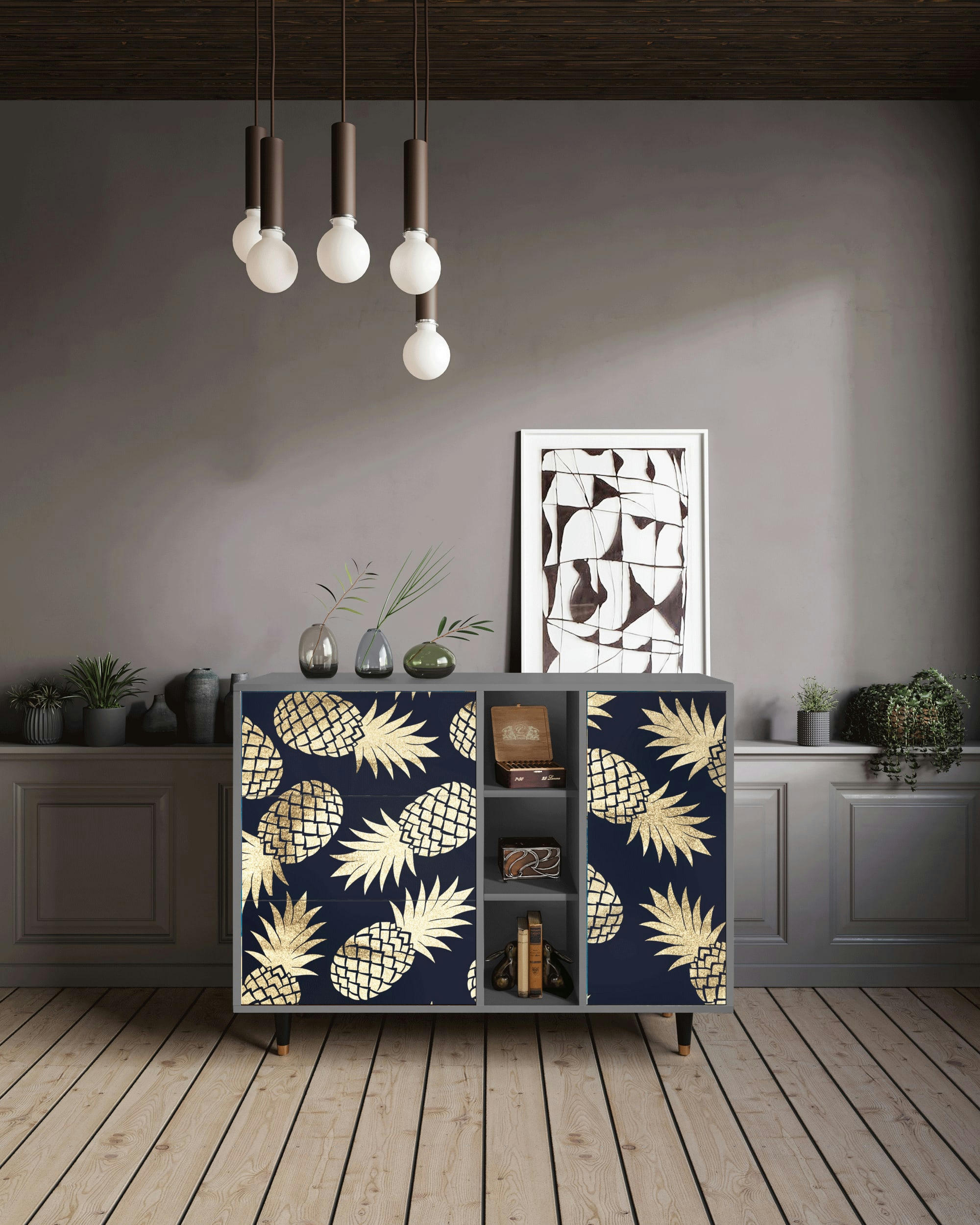 SUNNY PINEAPLE - Buffet  bleu et jaune 3 tiroirs et 1 porte L 125 cm