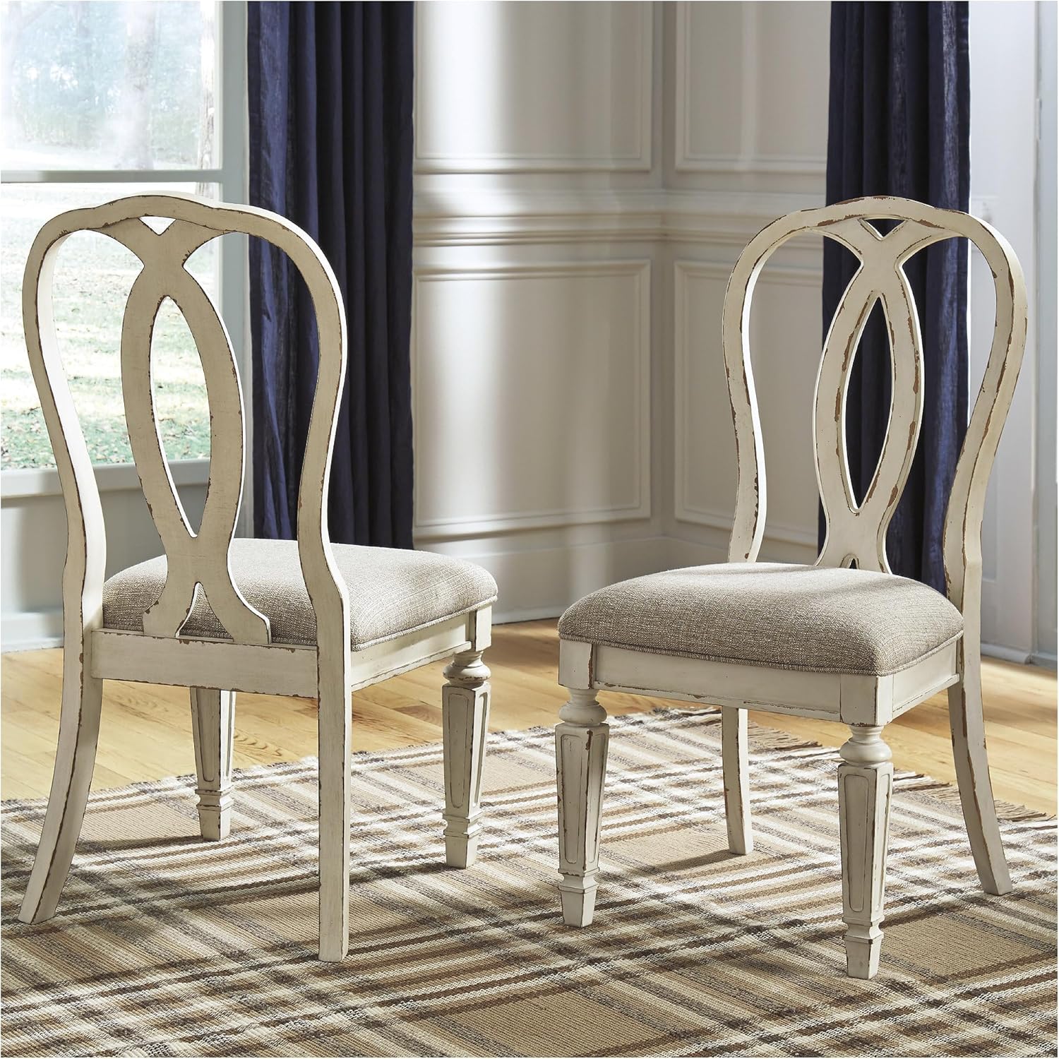 Signature Design by Ashley Realyn French Country Ribbon Back Dining Chair, 2 Count, Chipped White