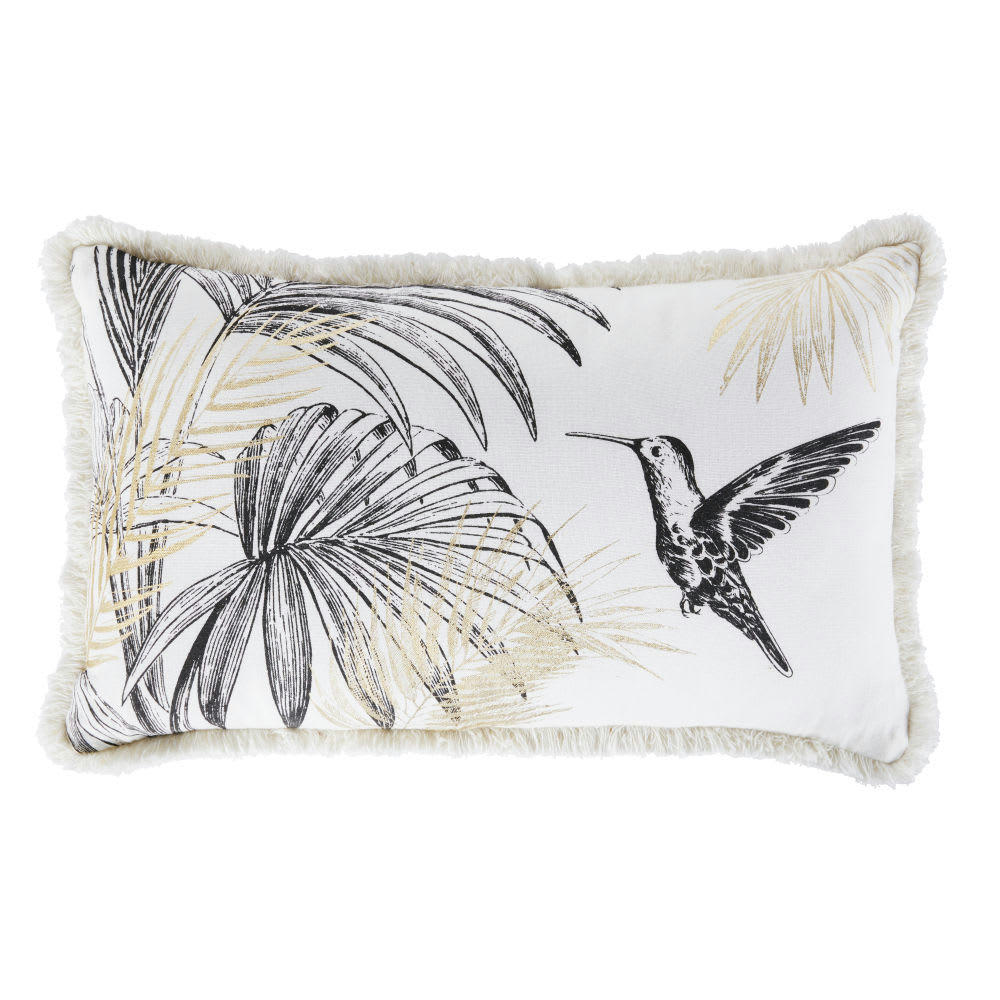 URSULA - Coussin en coton blanc motif tropical imprimé noir et doré 30x50