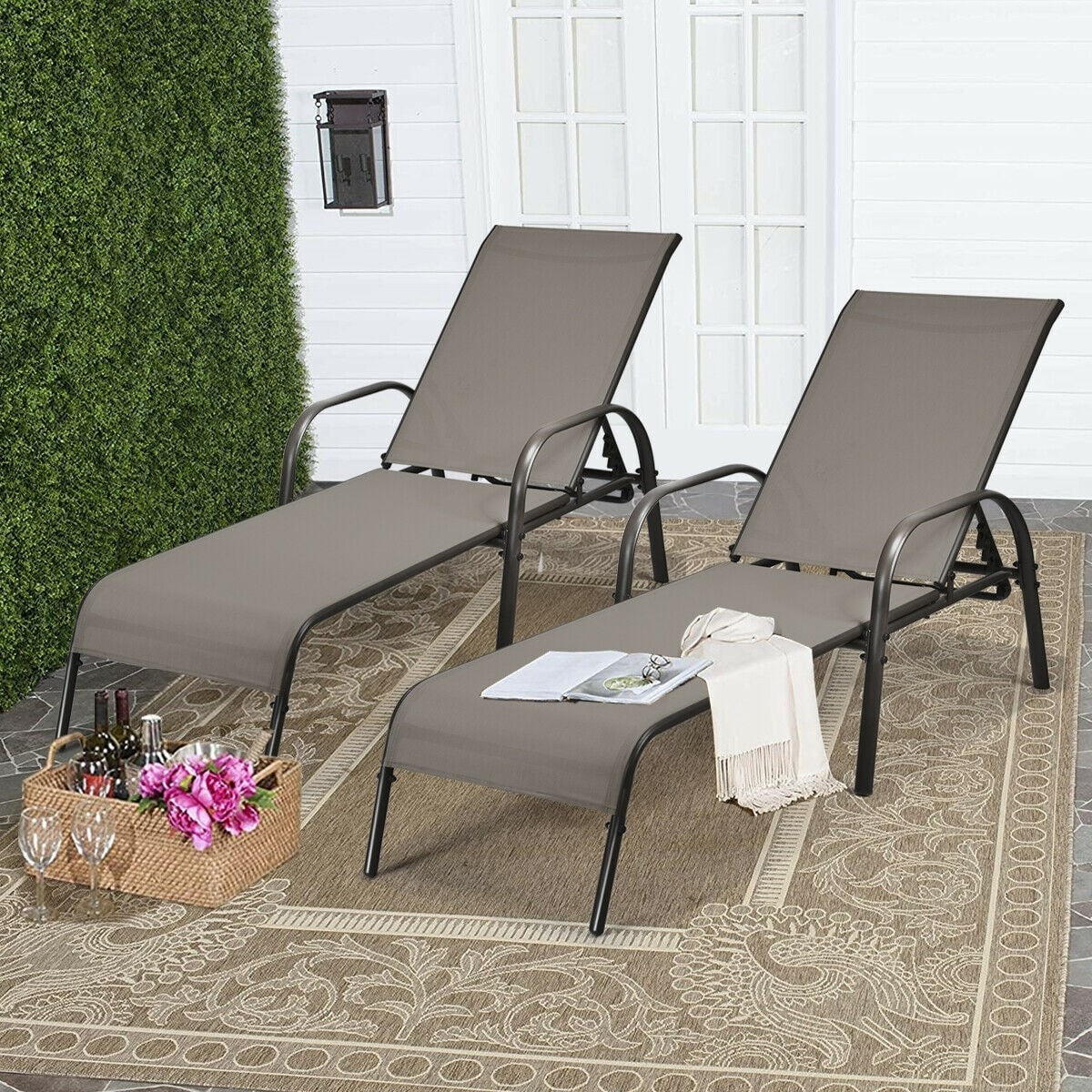 2 Pcs Outdoor Sling Chaise Lounge Chairs Patio Reclining Chairs Sunbathing Chairs with Adjustable Backrest