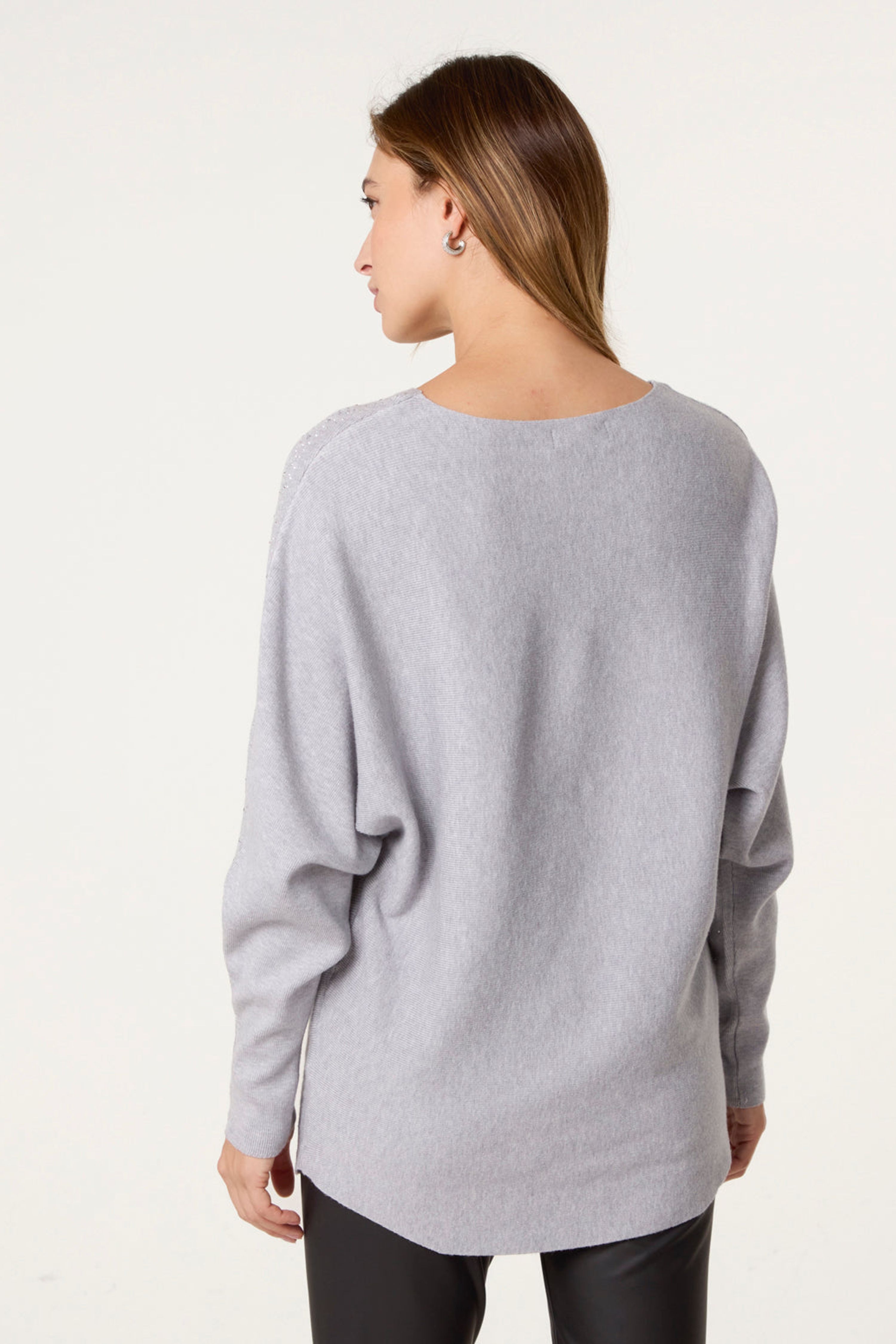 Blue Vanilla Grey Long Sleeve Diamante Detailed Batwing Jumper