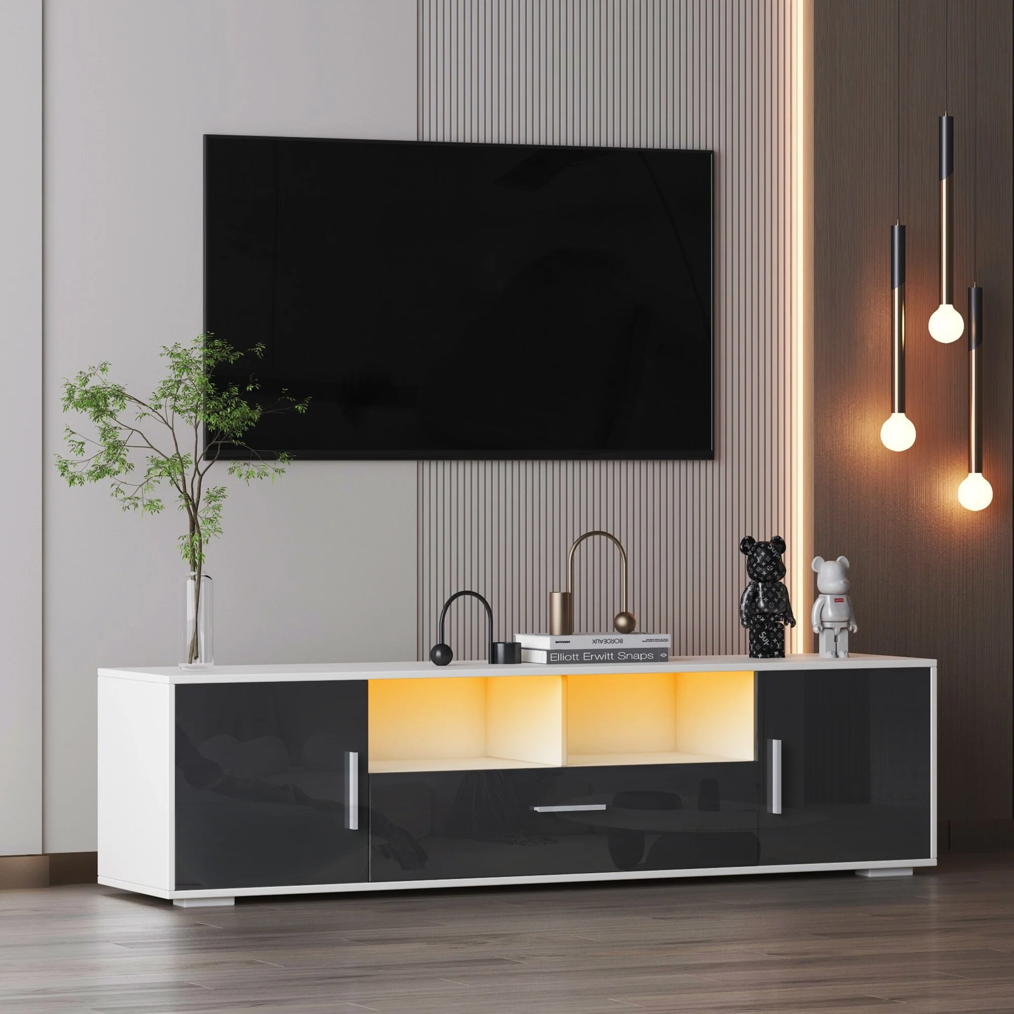 Gray 62.99 TV Stand with LED Comes, Cabinets and Open Cells for TVs Up to 65