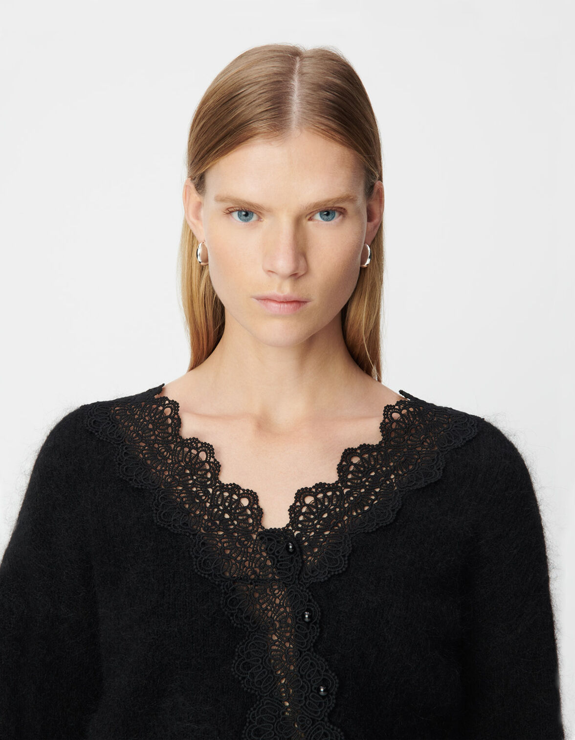 Pull noir tricot dentelle réversible devant/dos Femme