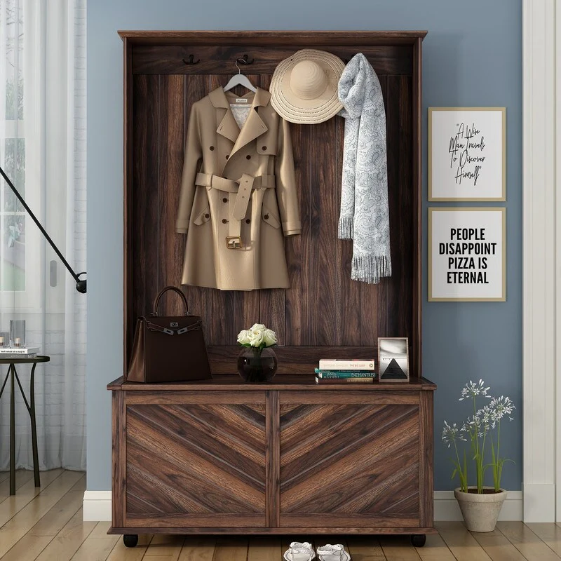 3-in-1 Design Hall Tree Entryway Storage Bench with 4 Hooks and Coat Hanger