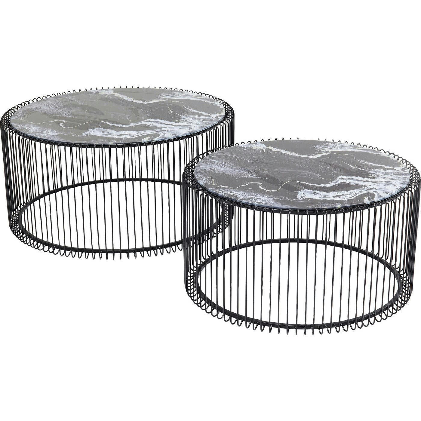 WIRE - 2 tables basses rondes en acier noir et verre effet marbre