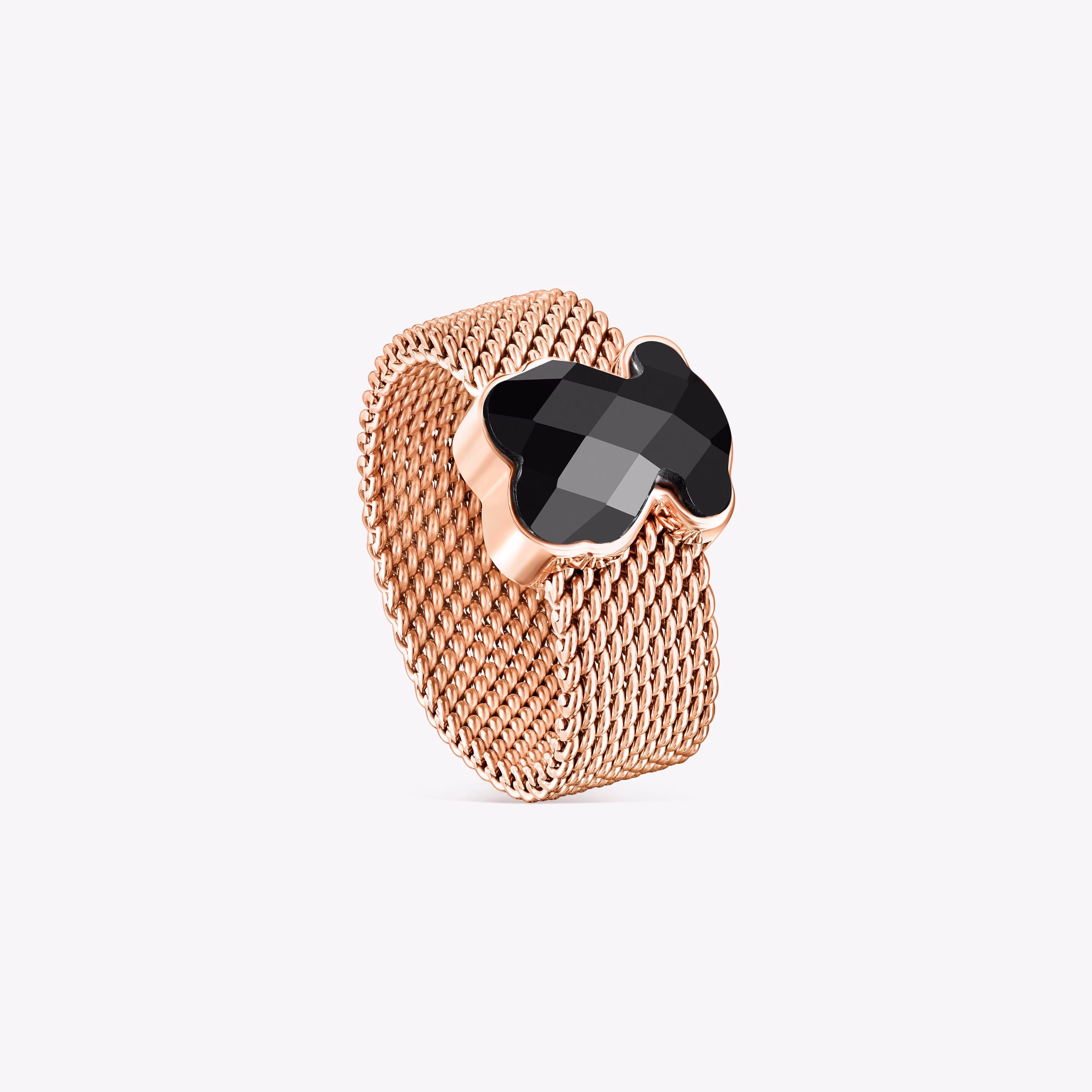 Anillo de acero IP rosado y ónix facetado motivo oso Mesh Color