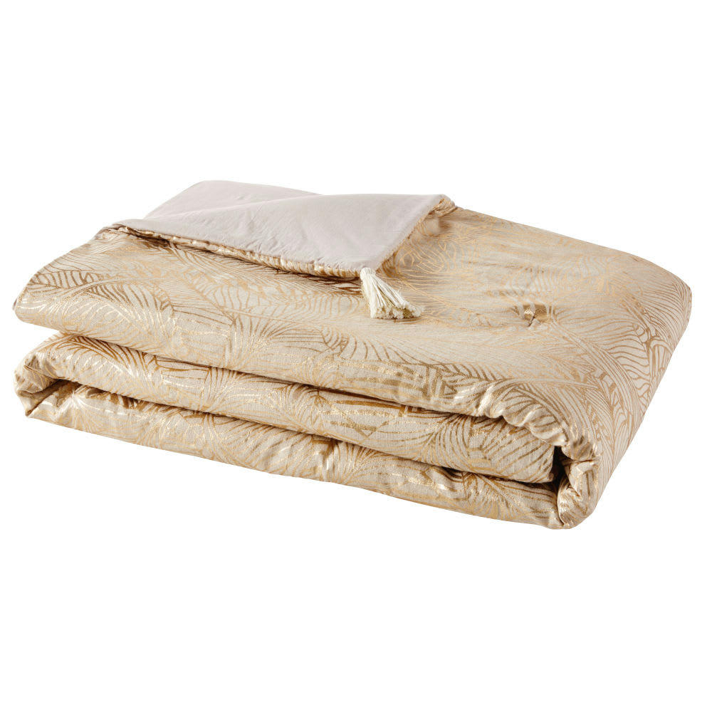 SALMA - Boutis en lin et coton beiges imprimé feuillage doré 100x200