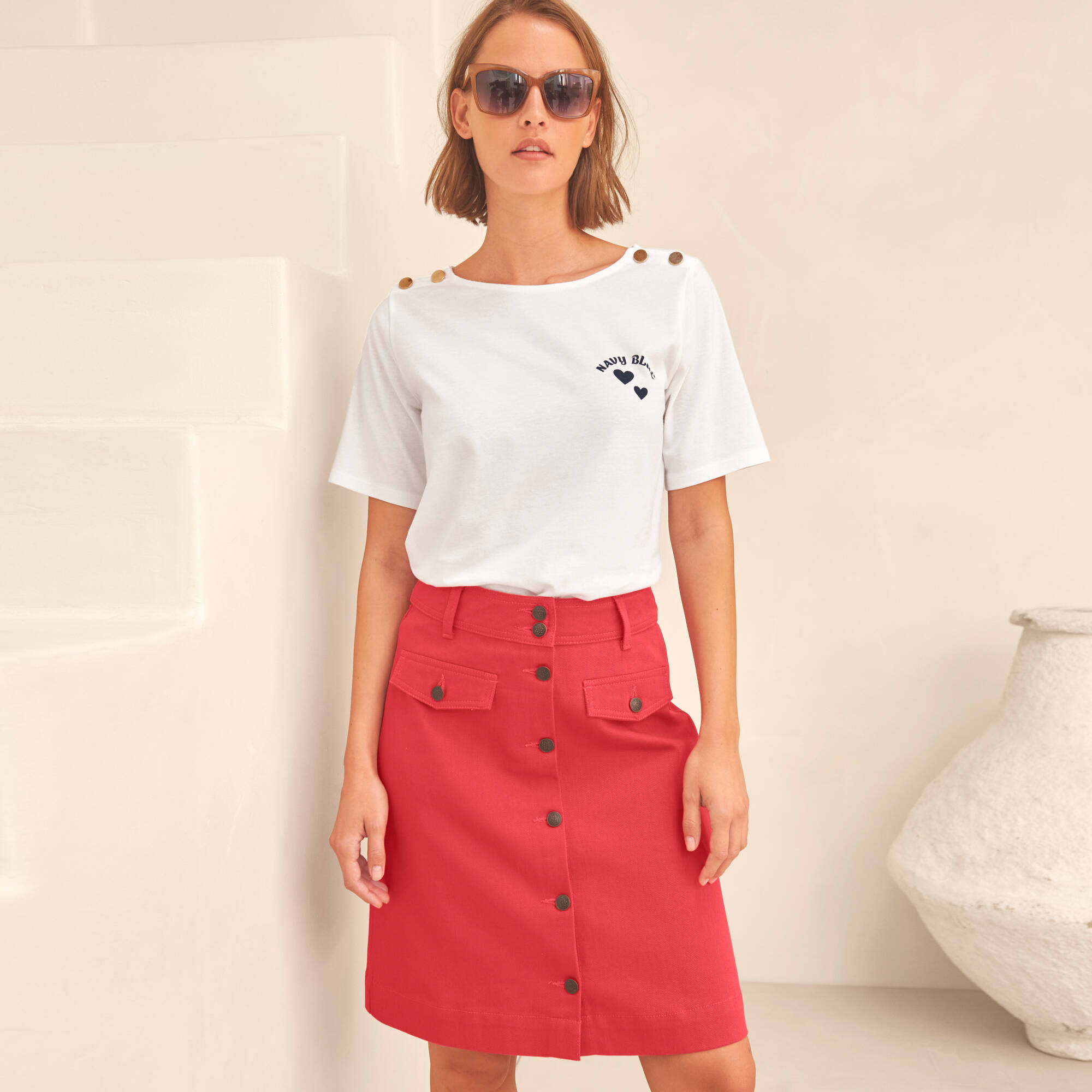 T-shirt col rond, imprimé placé