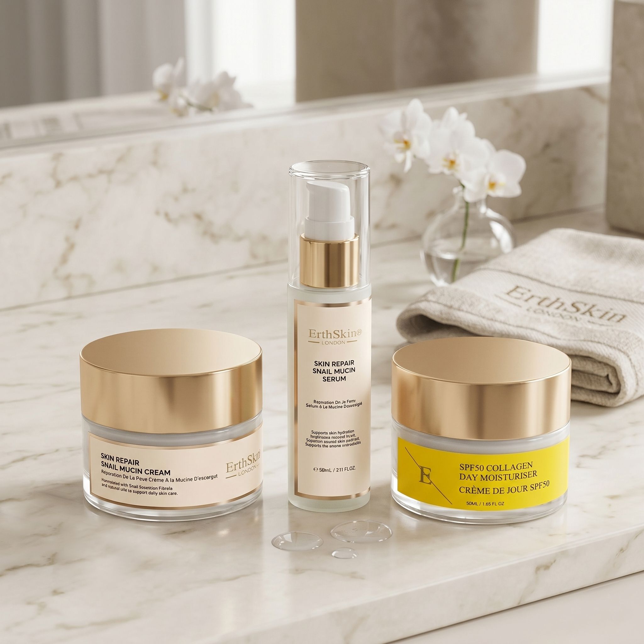 Erth Skin London Snail Mucin Cream, Serum & SPF 50 Collagen Day Cream Trio