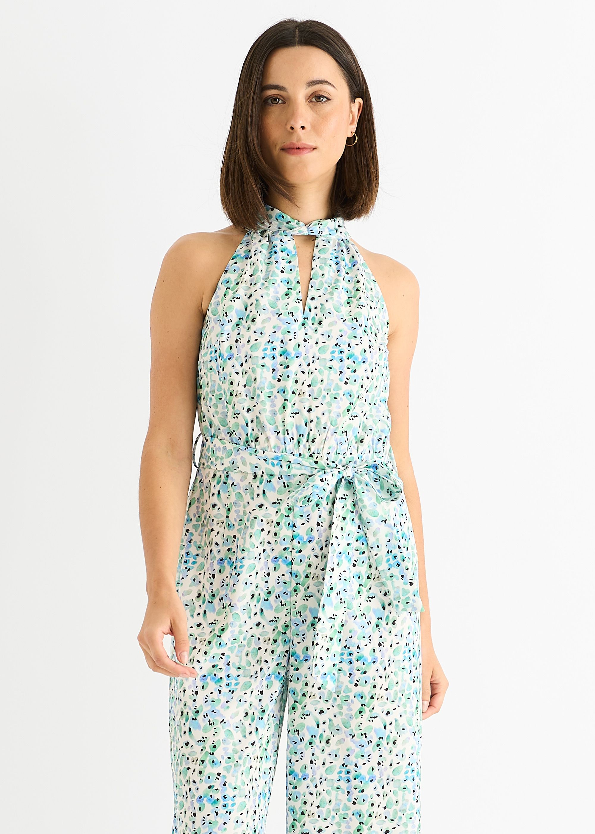 Gini London Blue Petit Halter Neck Keyhole Wide Leg Crop Jumpsuit