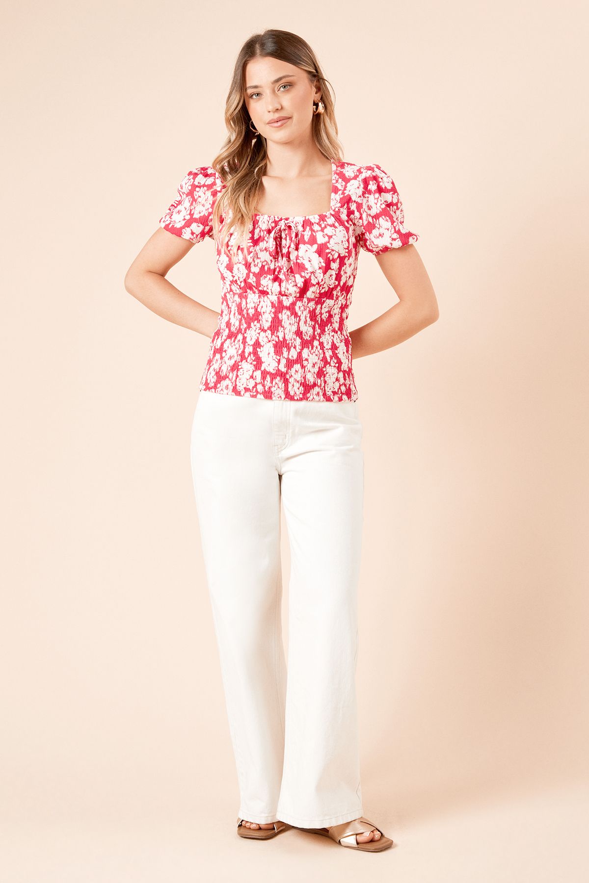 Dorothy Perkins Pink Floral Shirred Detail Puff Sleeve Top