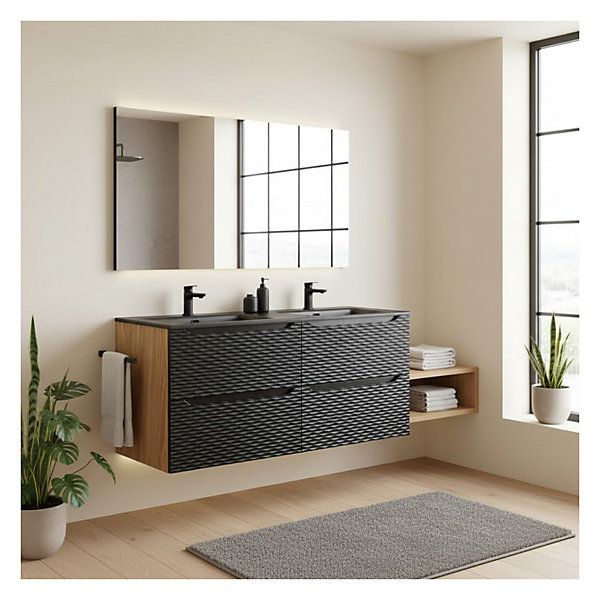 Ensemble de salle de bain YOKA noir : meubles sous vasque à tiroirs 120 cm et double vasques à encastrer noires