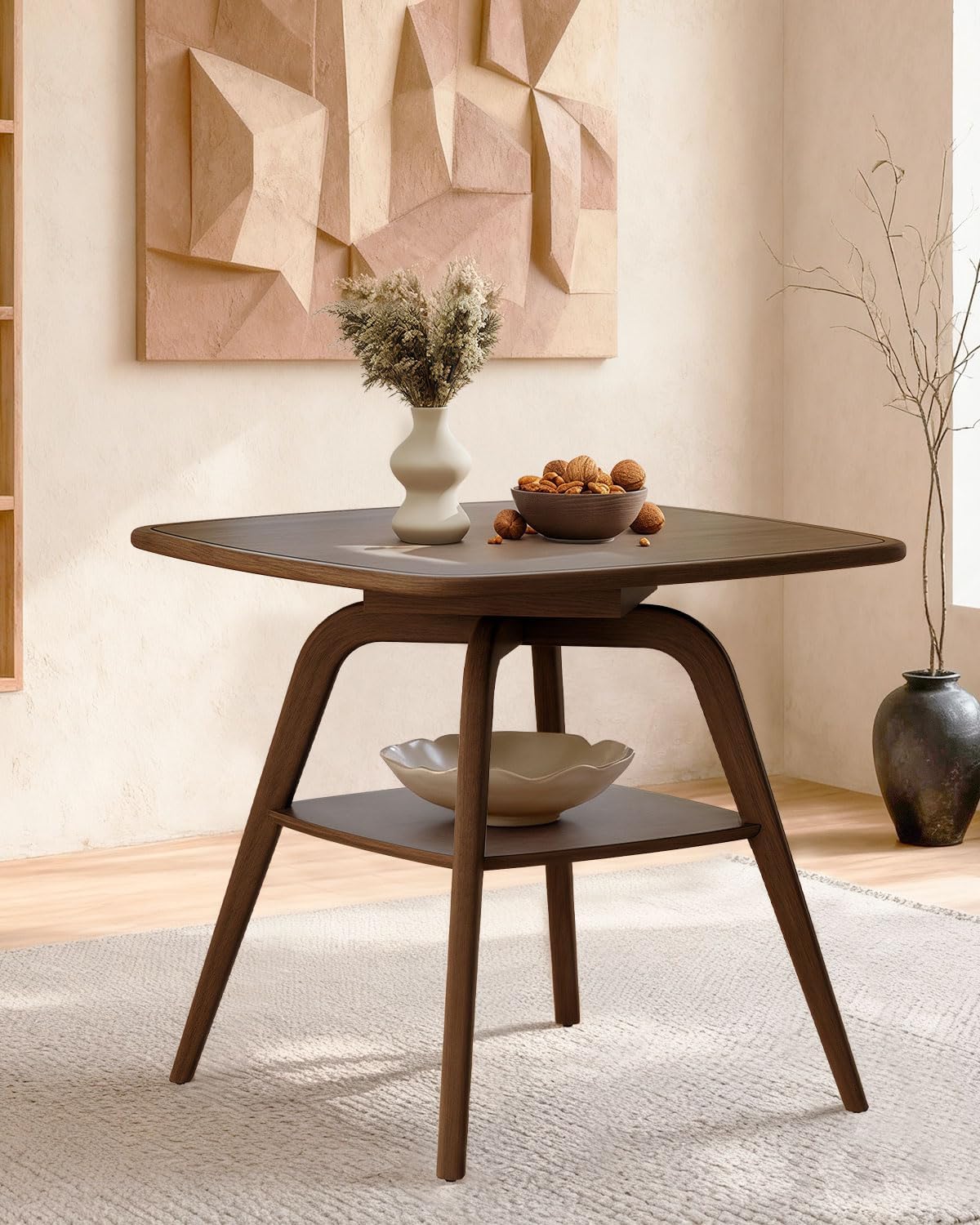 LKTART Small Dinner Table for 2, 29.5 Long Square Solid Wood Dining Table with Solid Wood Frame & Veneer Top, Compact Design with Shelf for Dinner Kitchen, Walnut