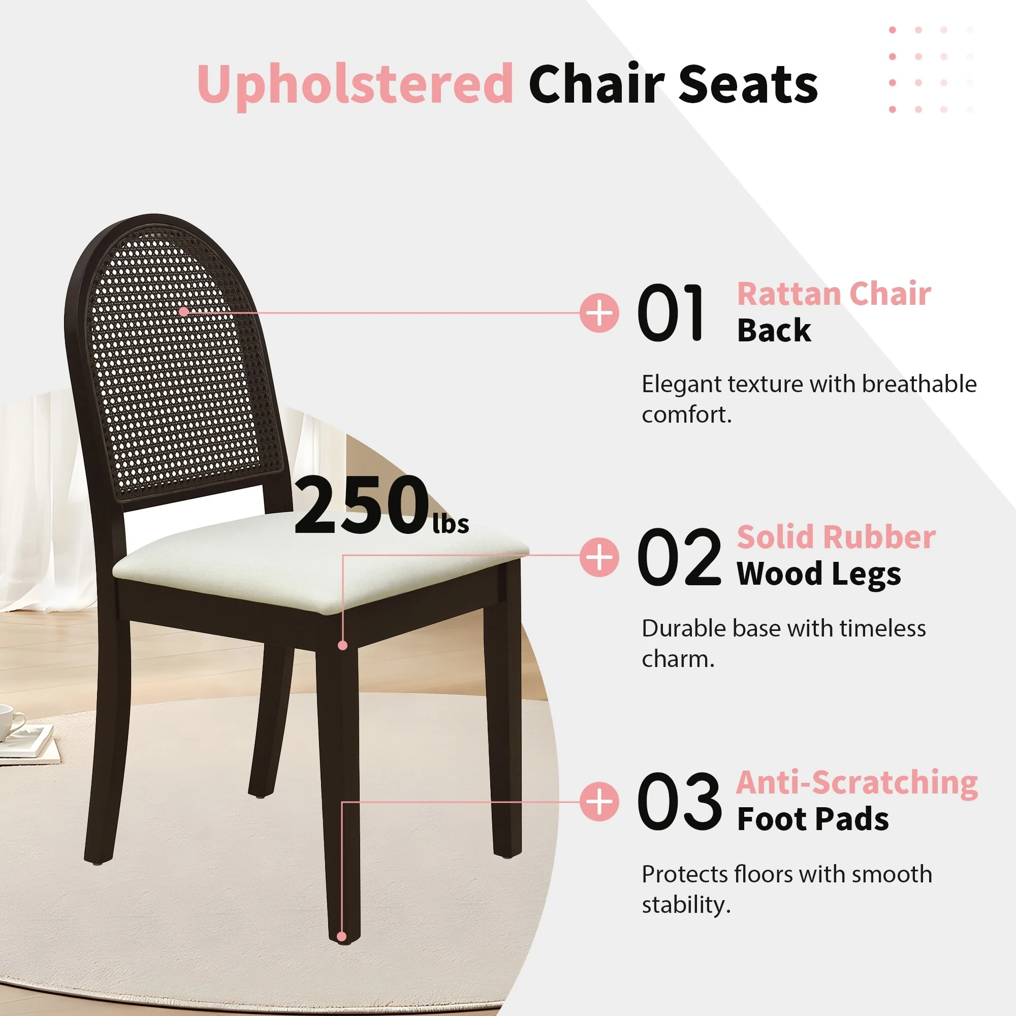 Modern Double Pedestal 6-Piece Dining Table Set, 4 Upholstered Rattan Back Dining Chairs and Bench for 6