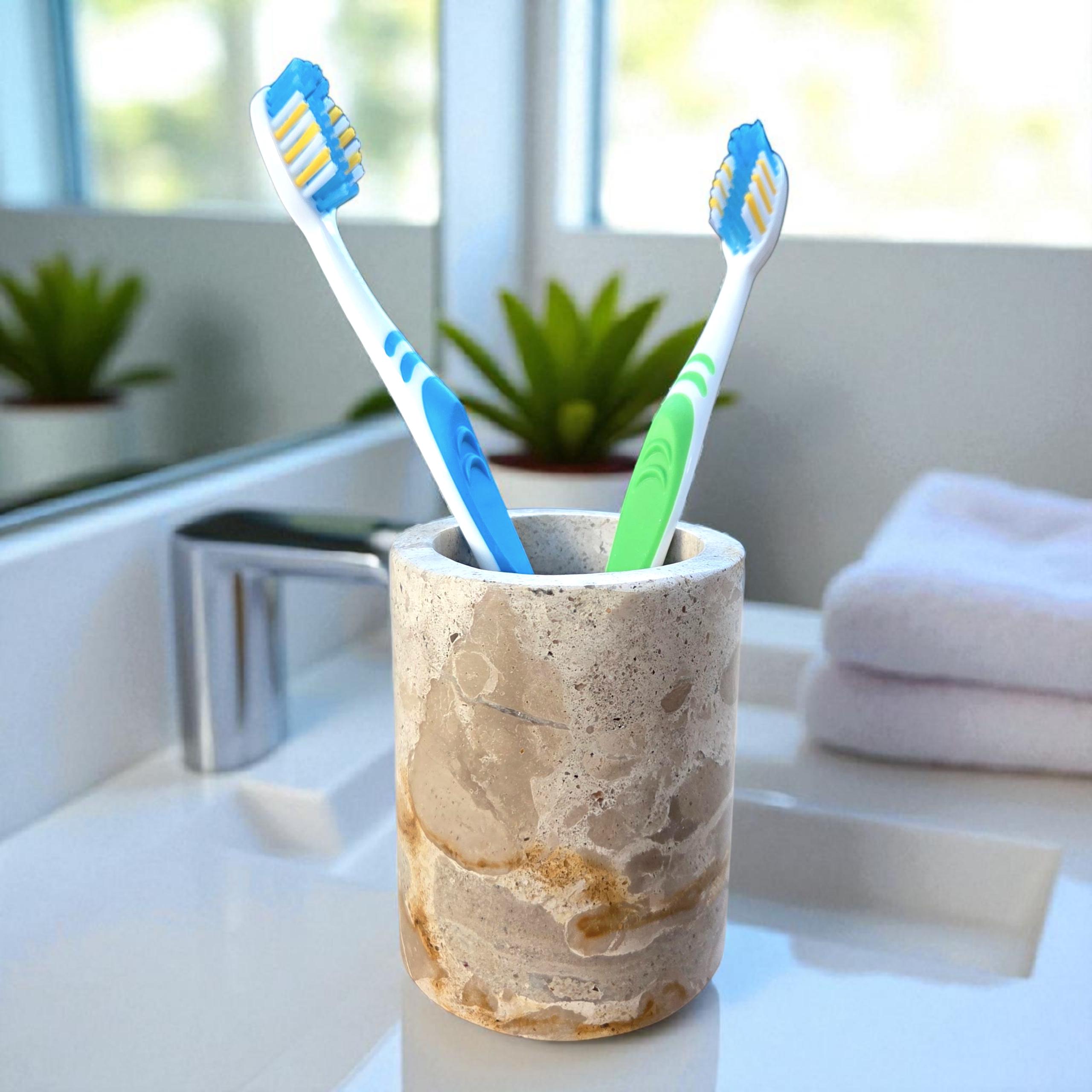 Beige Marble Toothbrush Mug | Natural Stone Pot | Makeup Brush Holder | Bathroom Organiser