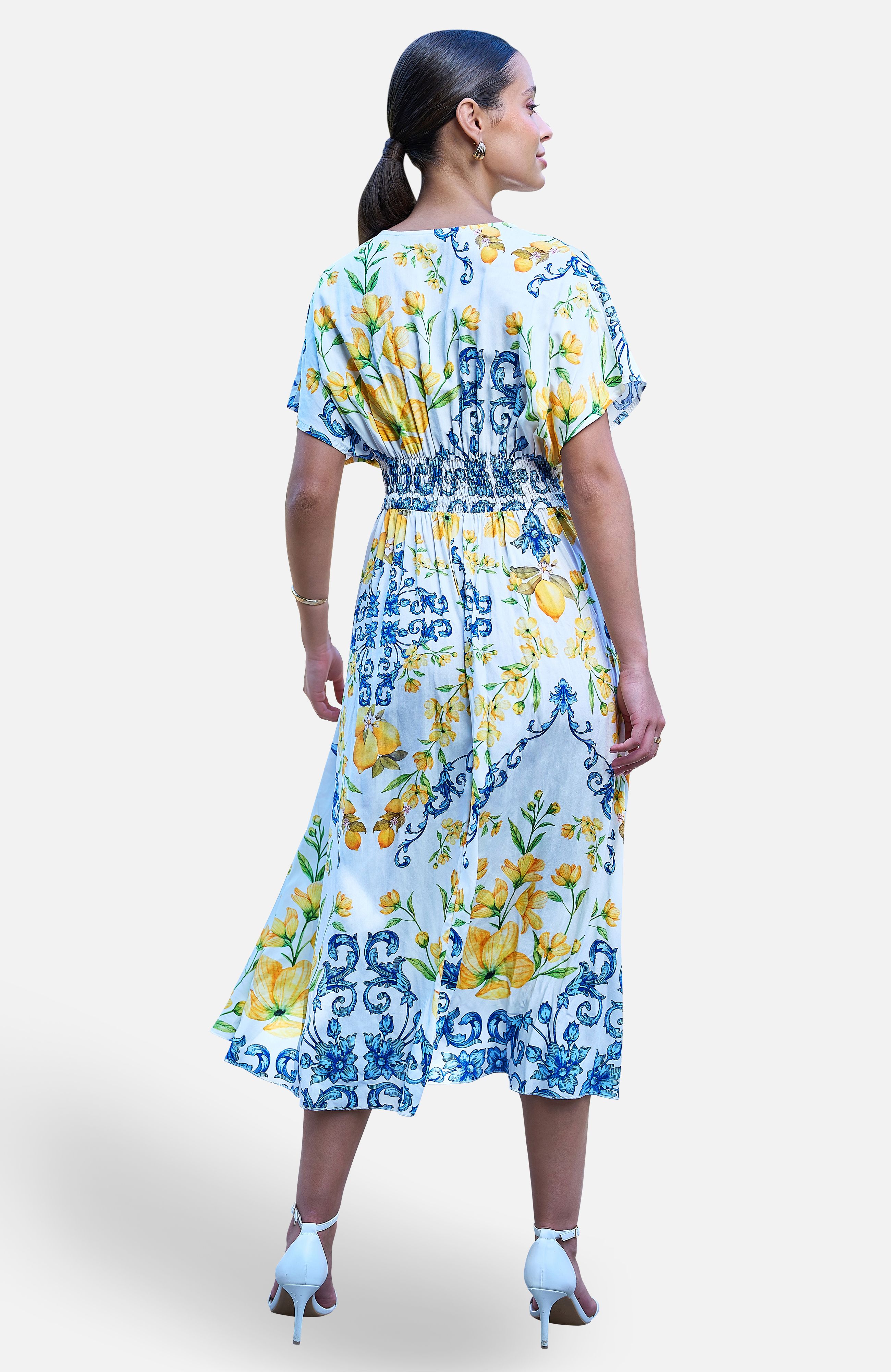 Yumi White Lemon Print Viscose Ruched Waist Midi Dress