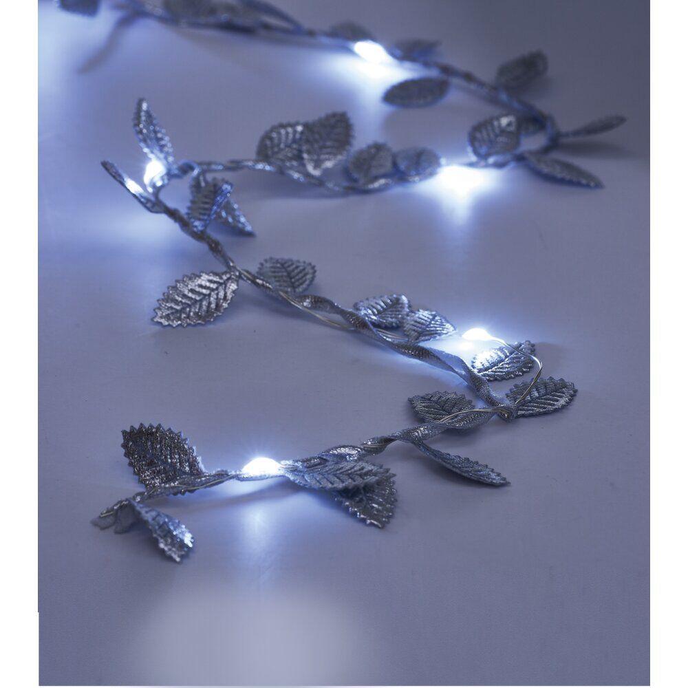 Guirlande lumineuse feuille argentée 20 microLED blanc chaud 1,90m