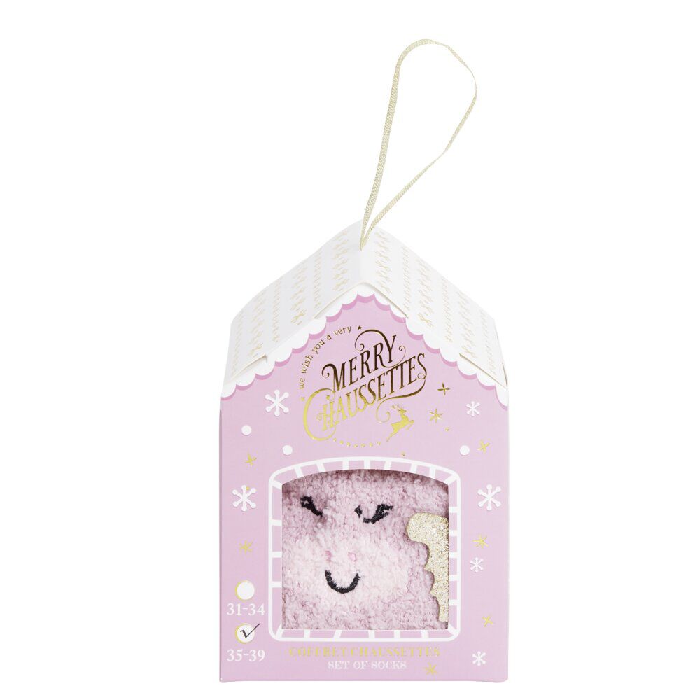 Coffret cadeau chaussettes cocooning licorne No&euml;l rose et doré (31/34 ou 35/39)