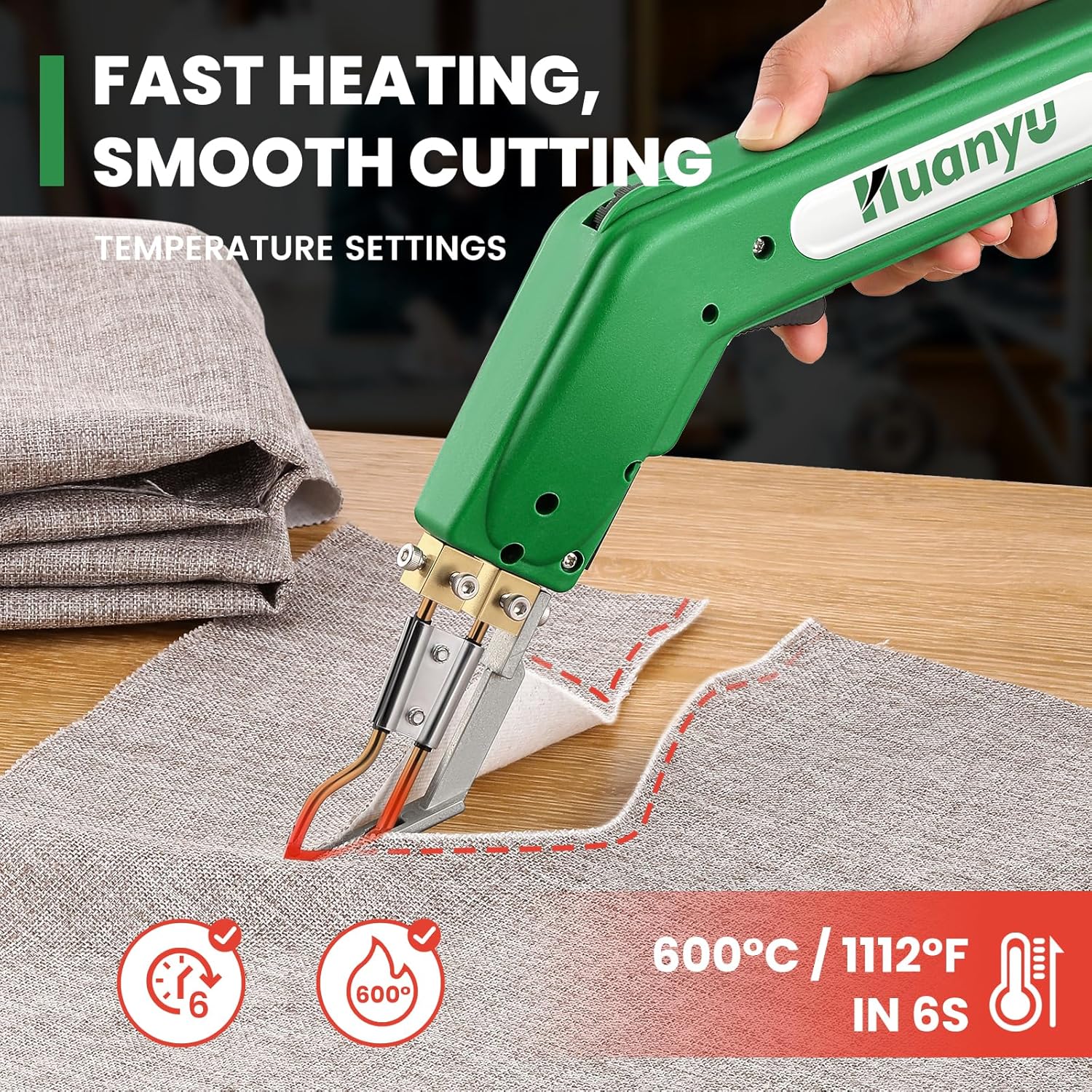 Huanyu Electric Hot Knife Rope Cutter Fabric Cutting Tool Kit 4 Blades Pro Fabric Cutting 600° C Heat Cutter 100W Heat Sealer for Sponge Cloth Board Webbing Continuous Working