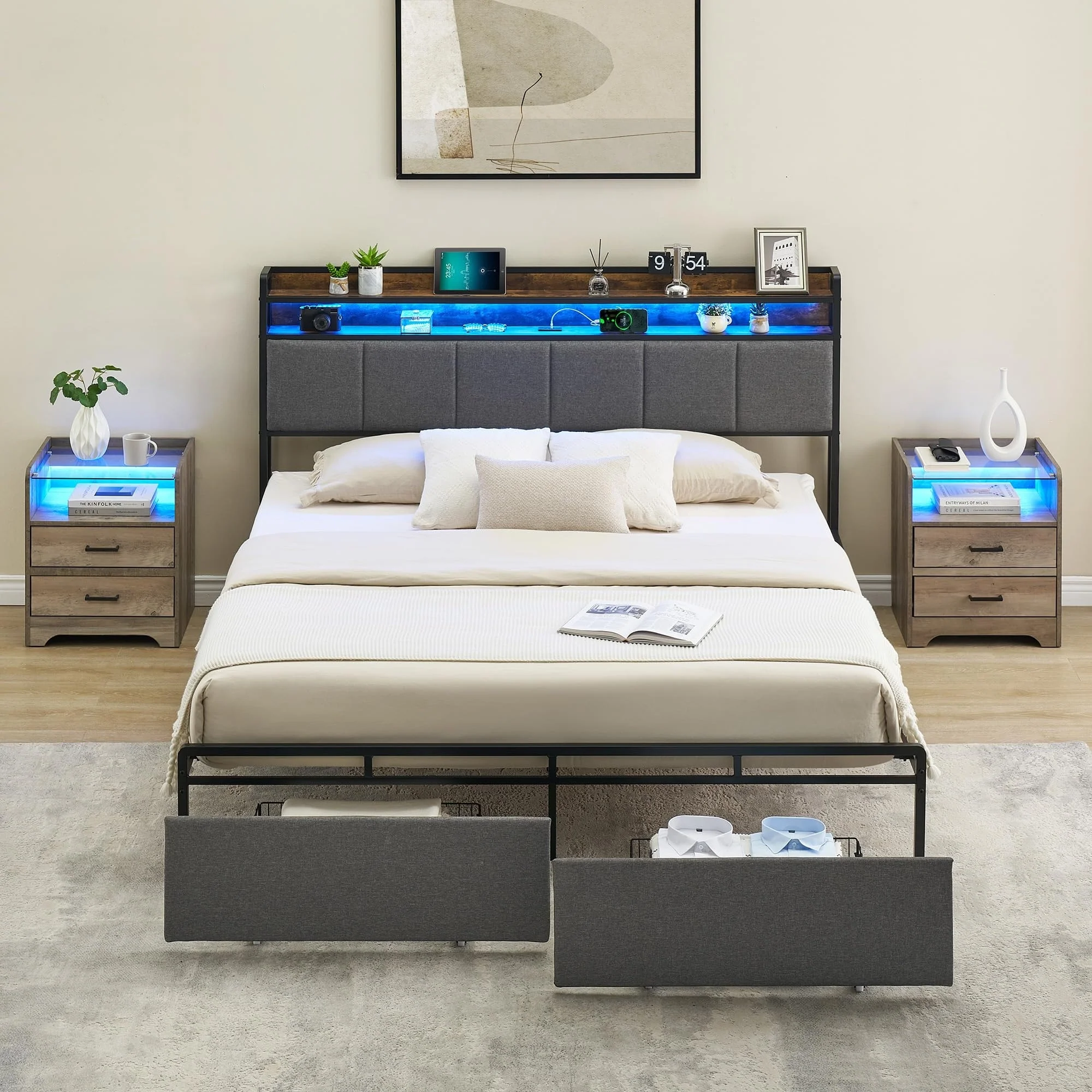 Vintage Upholstered Platform Bed Frame with Storage Drawers