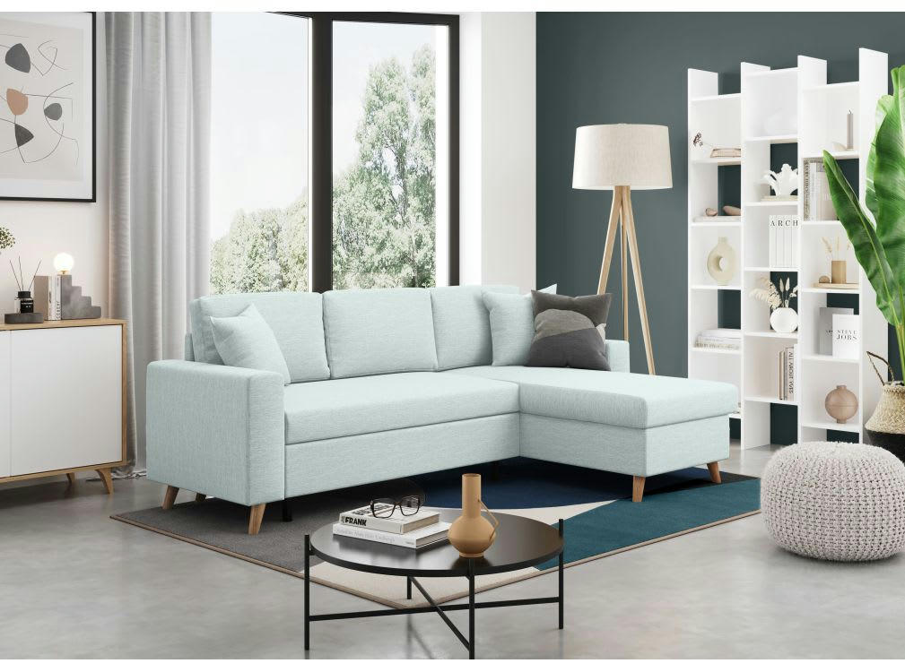 MARIA SCANDINAVE - Canapé d'angle scandinave convertible avec coffre en tissu bleu clair
