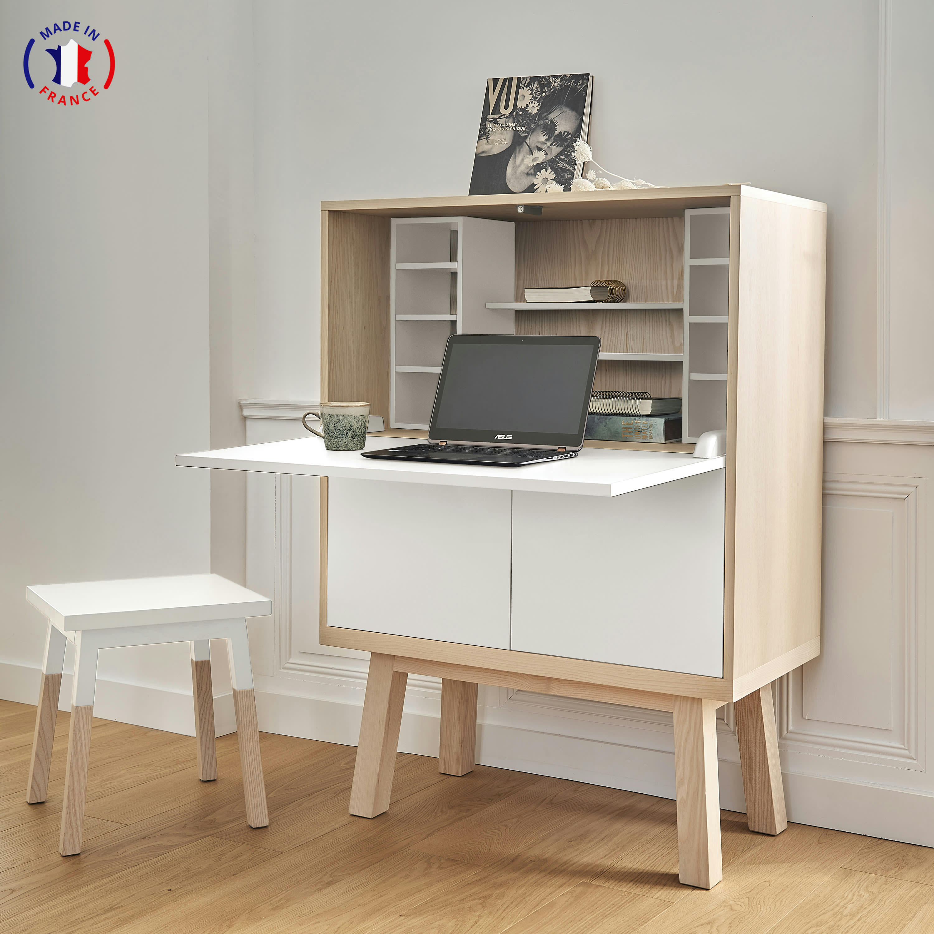 KUBE - Bureau secrétaire avec rangement de 90 cm de large, en frêne
