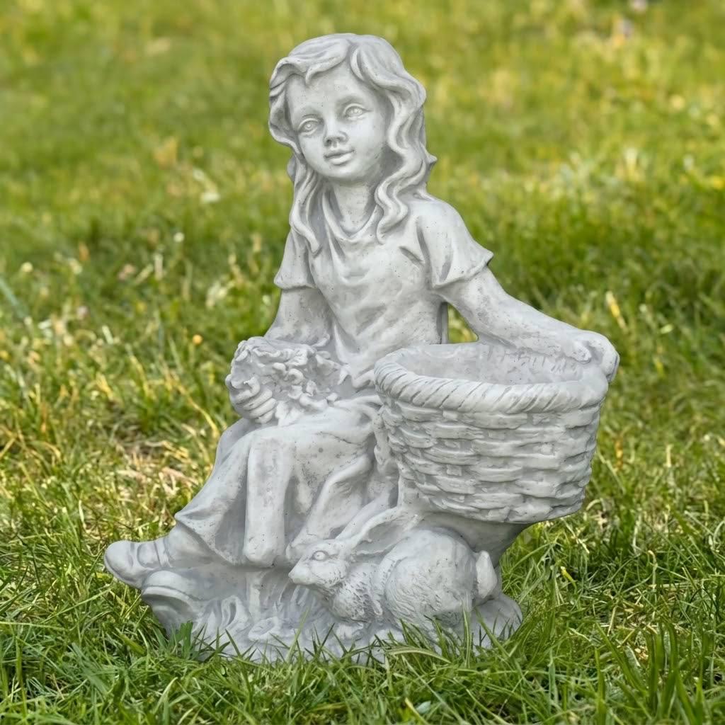 Cast Stone Girl Sculpture Cement Basket Figure Concrete Yard Statue Stone Garden Ornament Rabbit Sitting Patio Decor Housewarming Gift