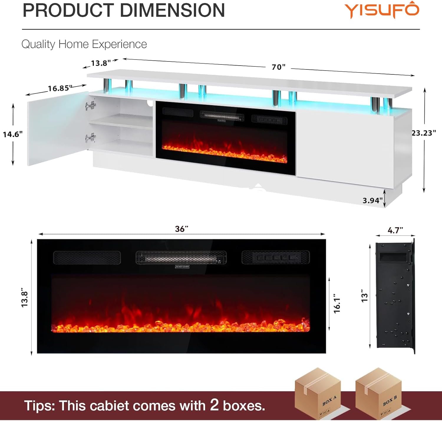 70 Fireplace TV Stand, 2-Tier LED Entertainment Center with 36 Fireplace, Fits TVs up to 80, Modern High Gloss TV Console with LED Lights & Storage Cabinets for Living Room, White + Black