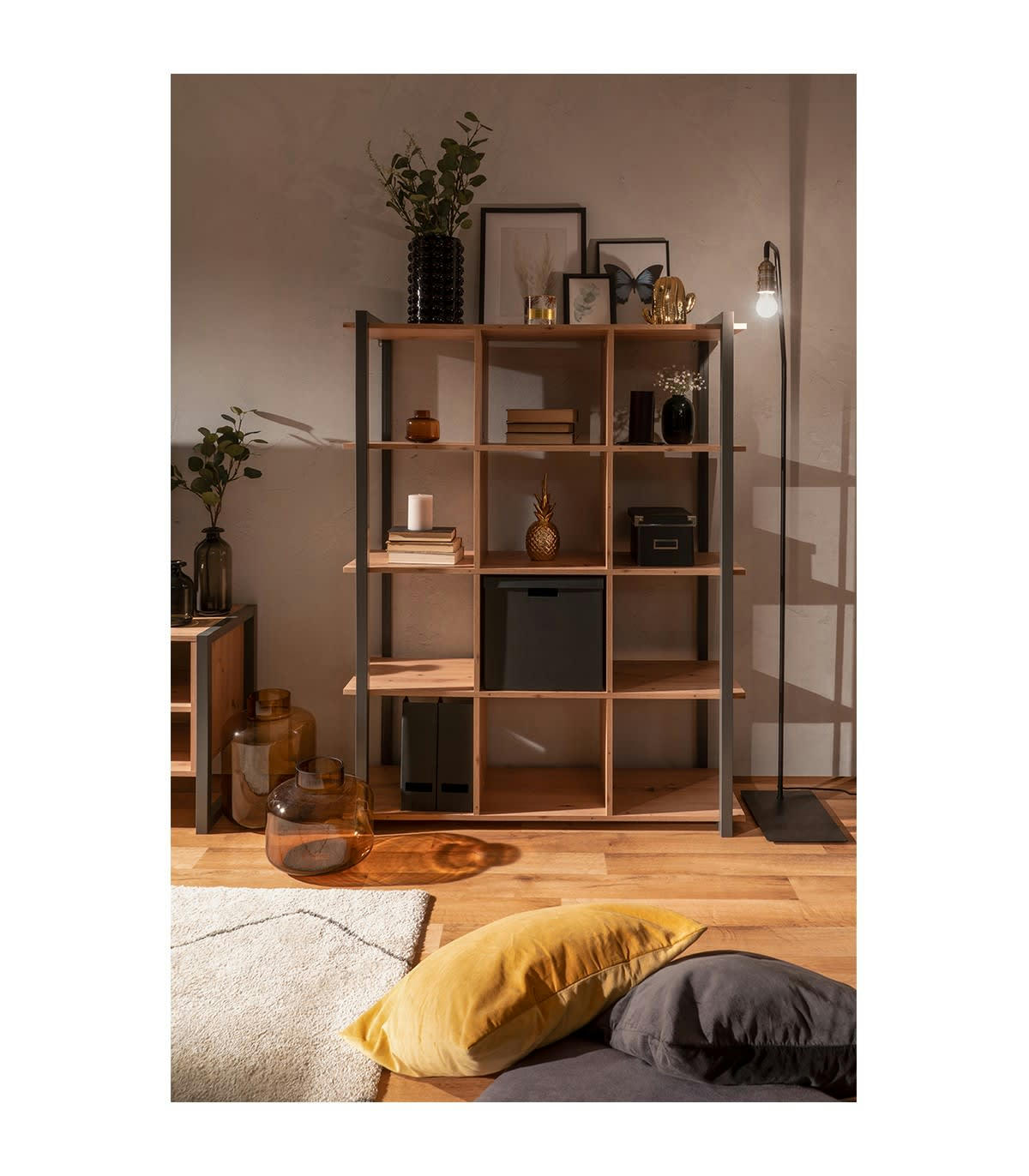 DENVER - Bibliothèque Industrielle 12 cases L107 cm - Décor Bois et Gris