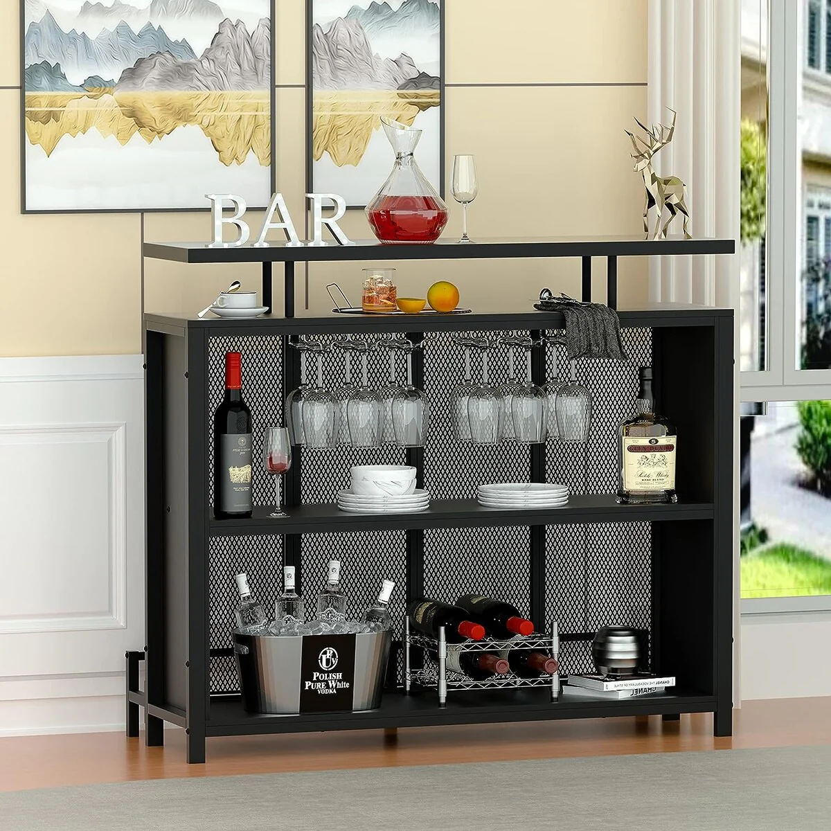 PAKASEPT Home Bar Unit, 3-Tier Liquor Bar Table with Wine Glasses Holder - N/A