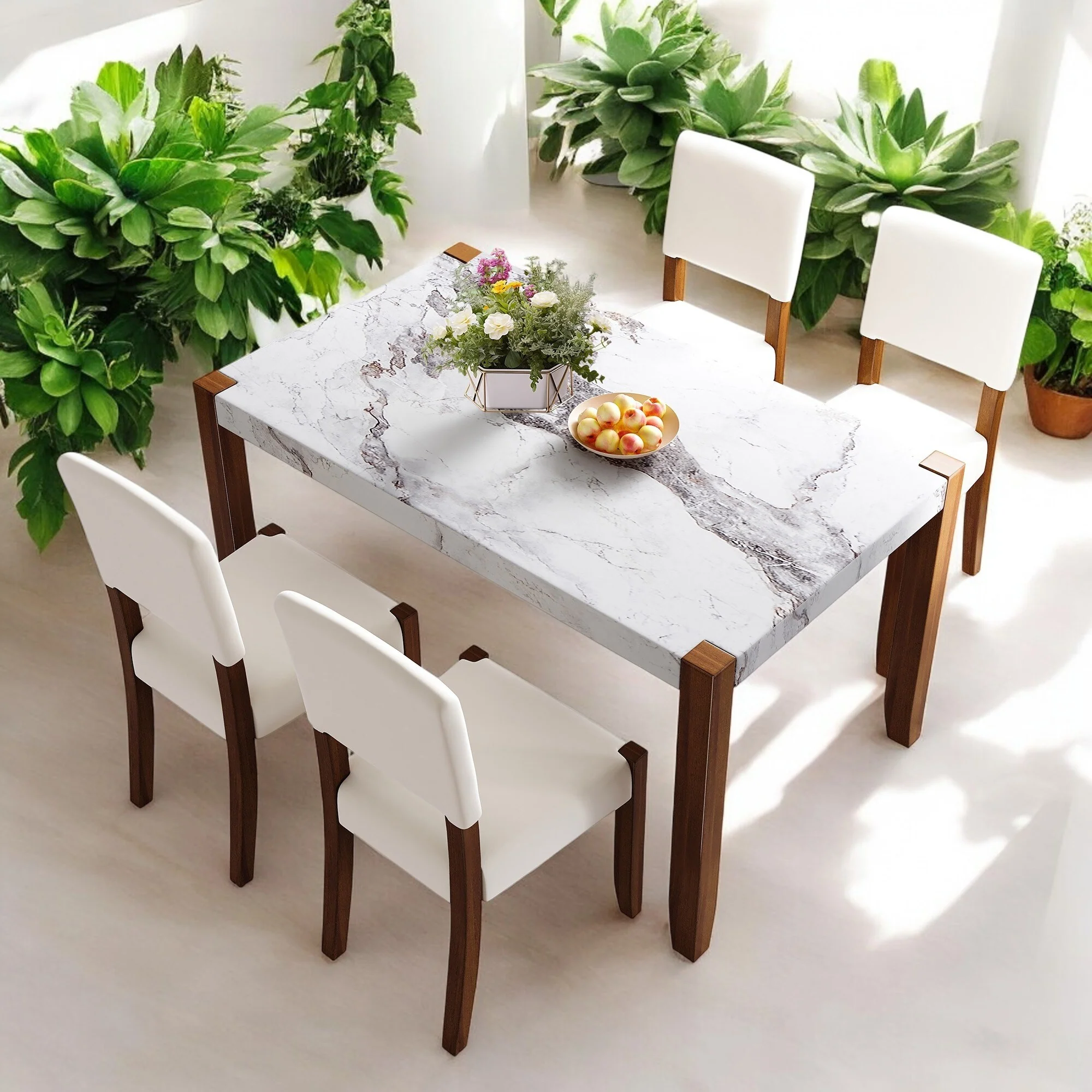 5-Piece Modern Dining Table Set with Faux Marble Top, 4 Upholstered Chairs and Rubberwood Legs for Kitchen and Dining Room