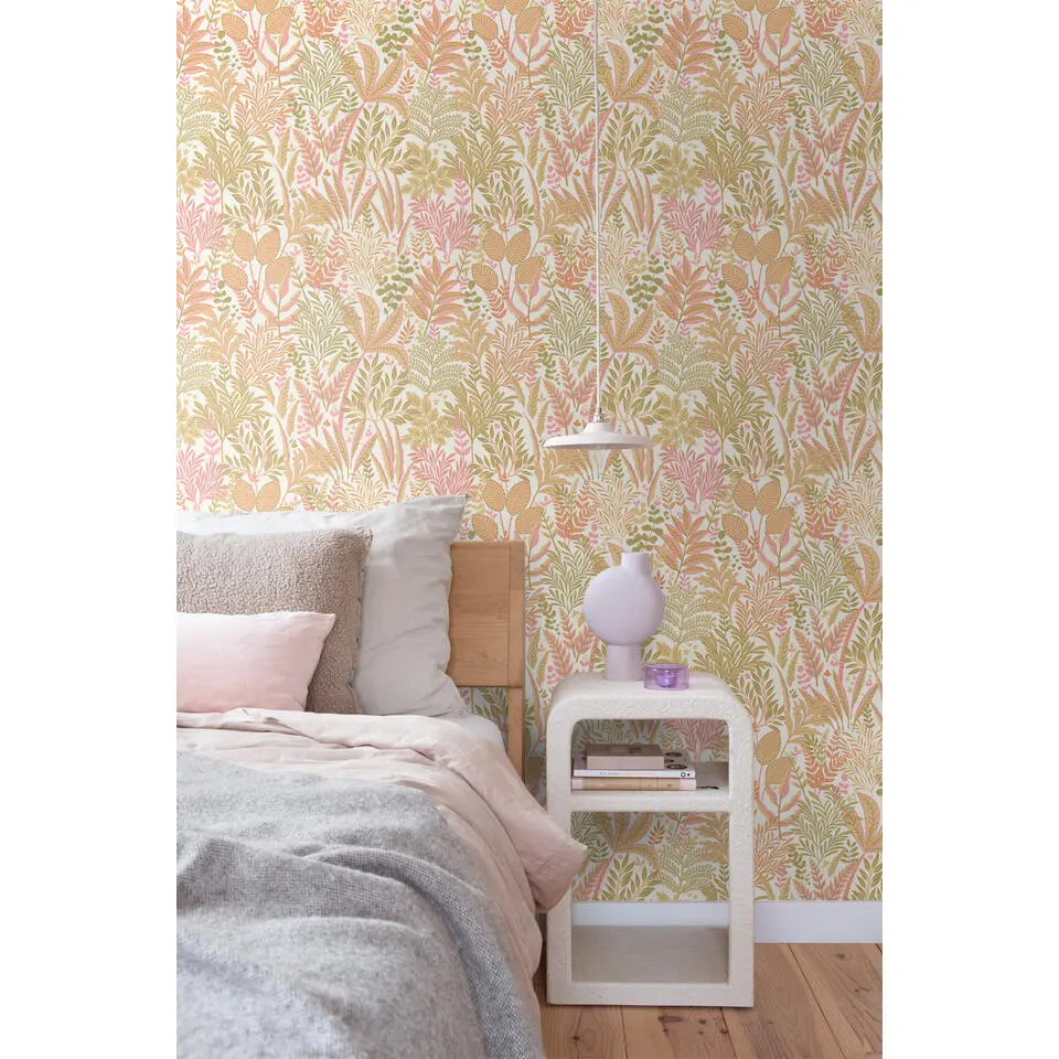 ESTAhome behang tropische bladeren en bloemen groen en roze - 50 x 900 cm