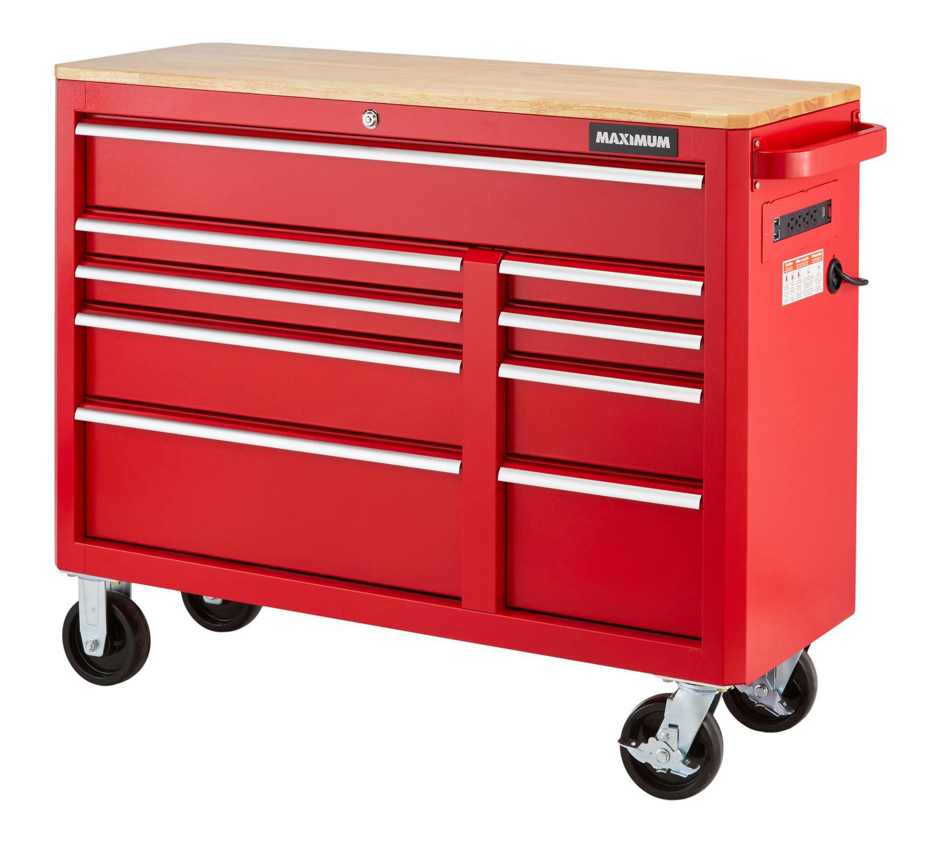 MAXIMUM Tool Storage Cabinet, Built-In Power Bar with USB, 9-Drawer, 47-in, Red