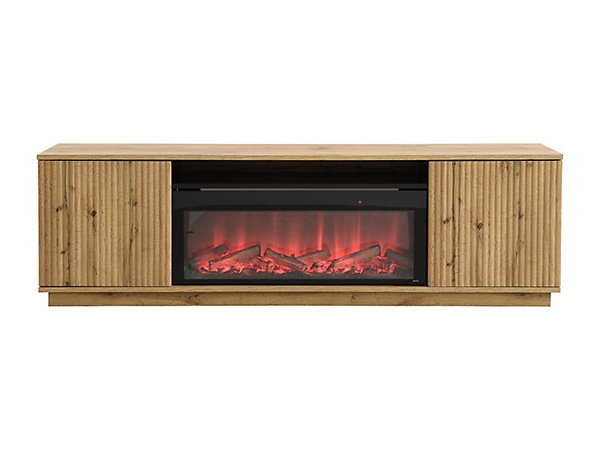 Meuble TV 2 portes en MDF avec effet cheminée à LEDs - Naturel et Noir - YEVINA
