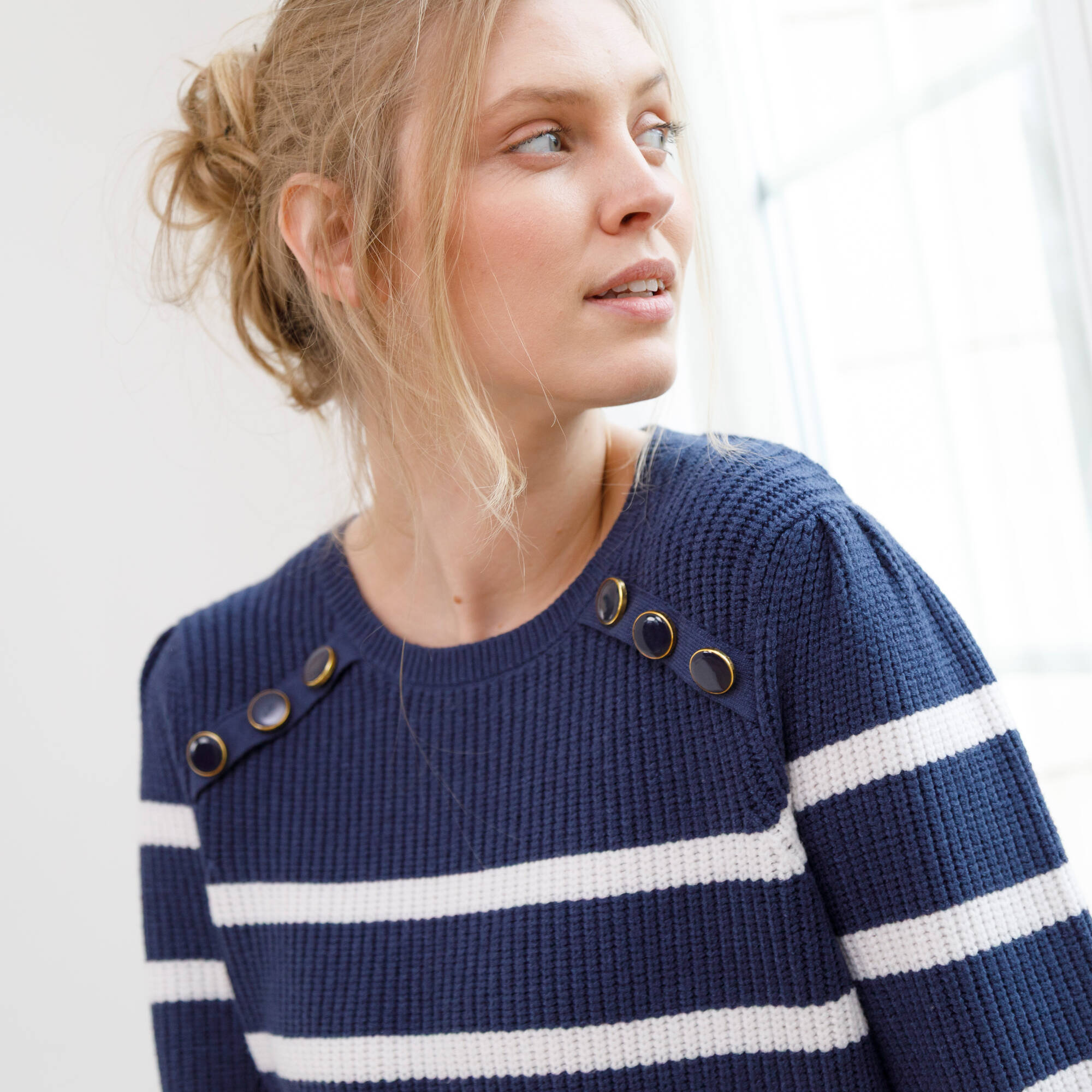 Pull tunique boutons fantaisie, rayé