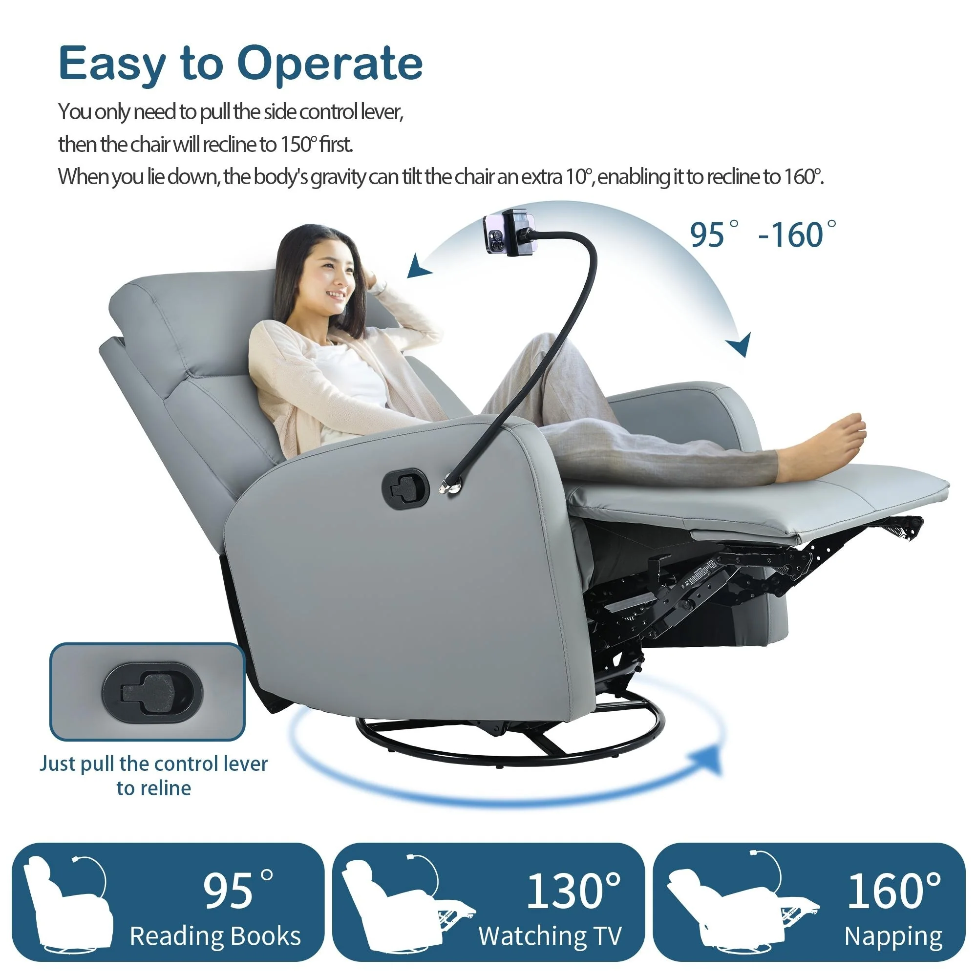 PU Leather 360° Swivel Rocker Recliner with Phone Holder