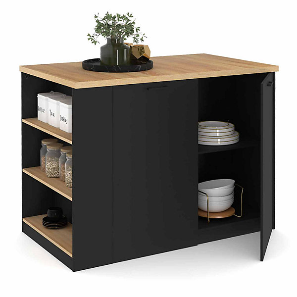Ilot central TIBO 120 cm bois noir avec plan de travail façon hêtre
