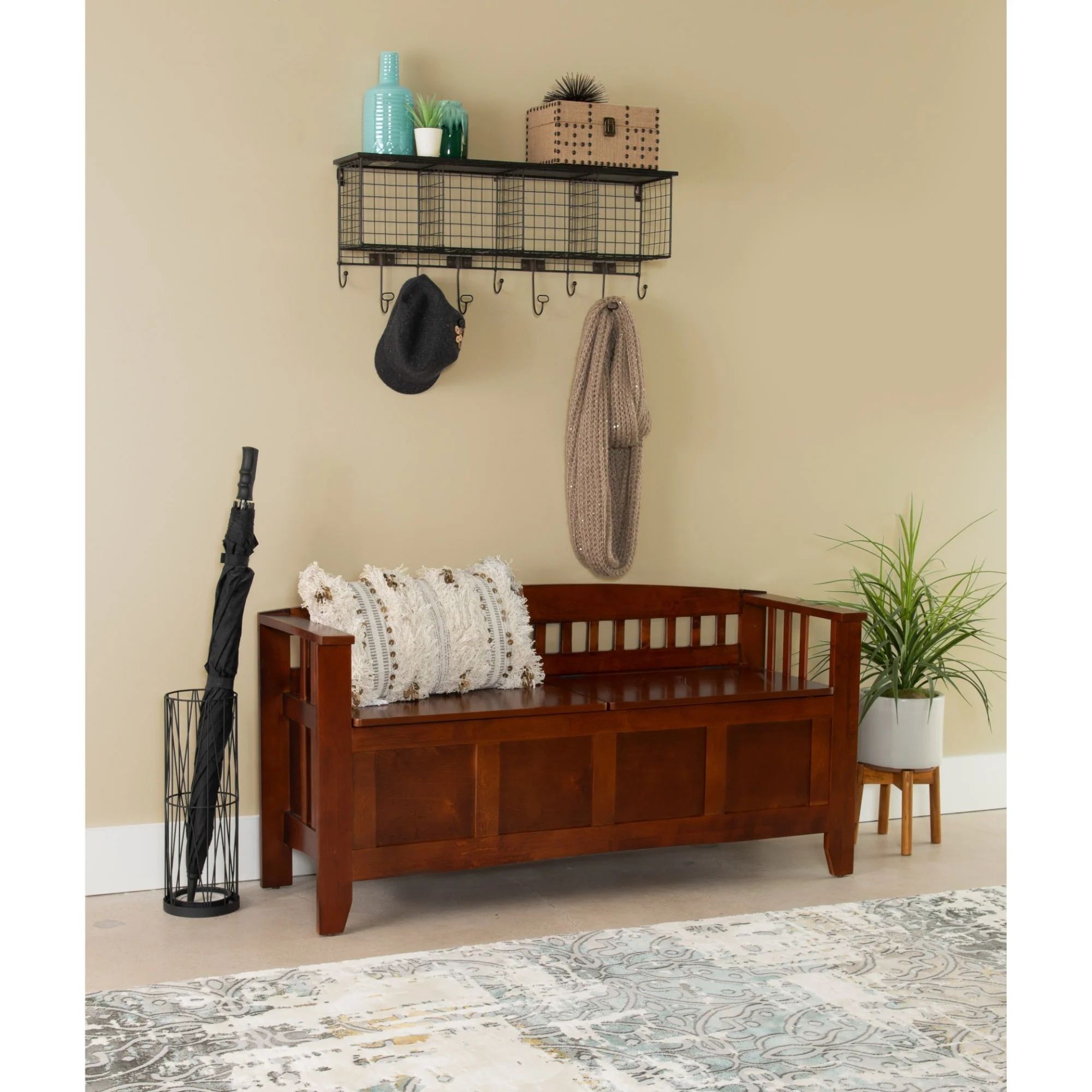 Slatted Back Storage Bench with Split Seat - 50 - Brown