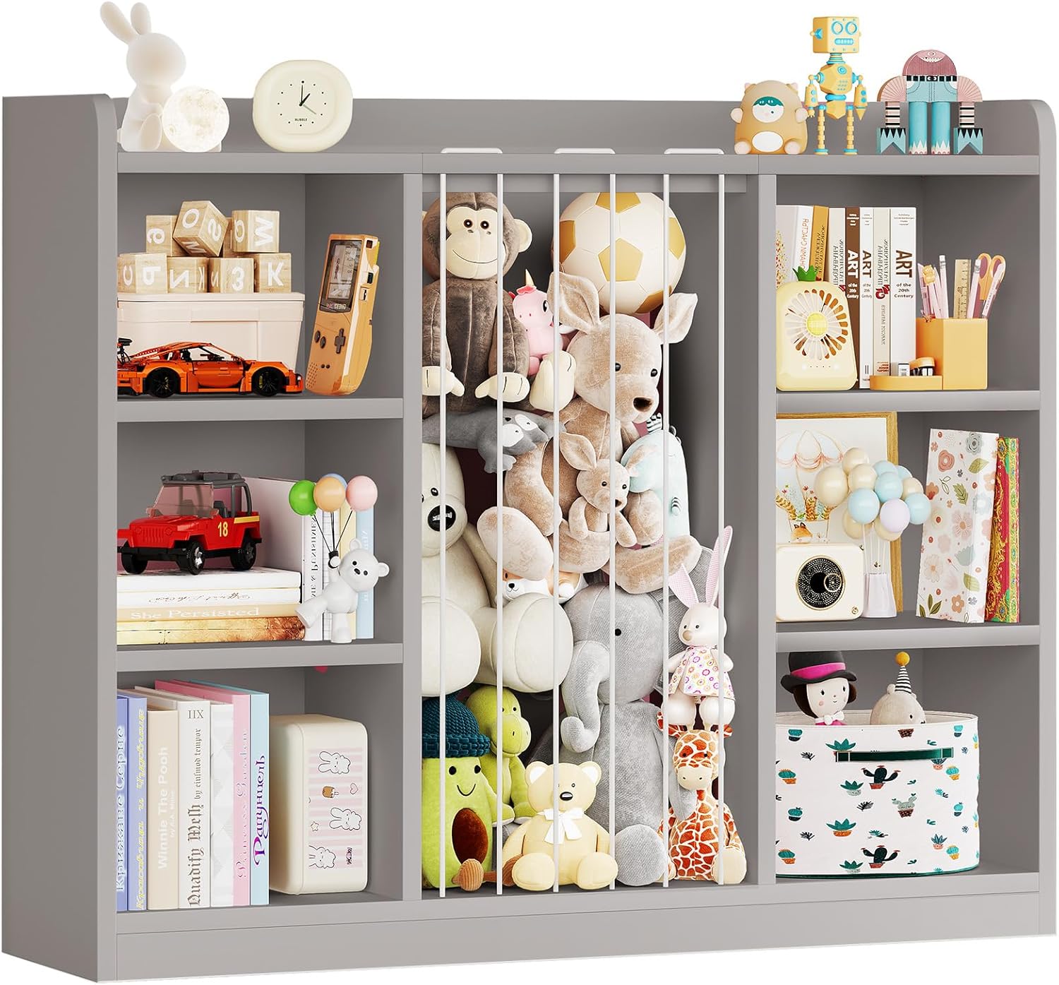 Toddler Stuffed Animal Zoo, Toy Storage Organizer for Playroom, Plush Toy Organizers and Storage, Book Shelf for Kids Rooms, Elastic Band Child Bookcase, Toy Shelf with 8 Storage Cubbies (Grey)