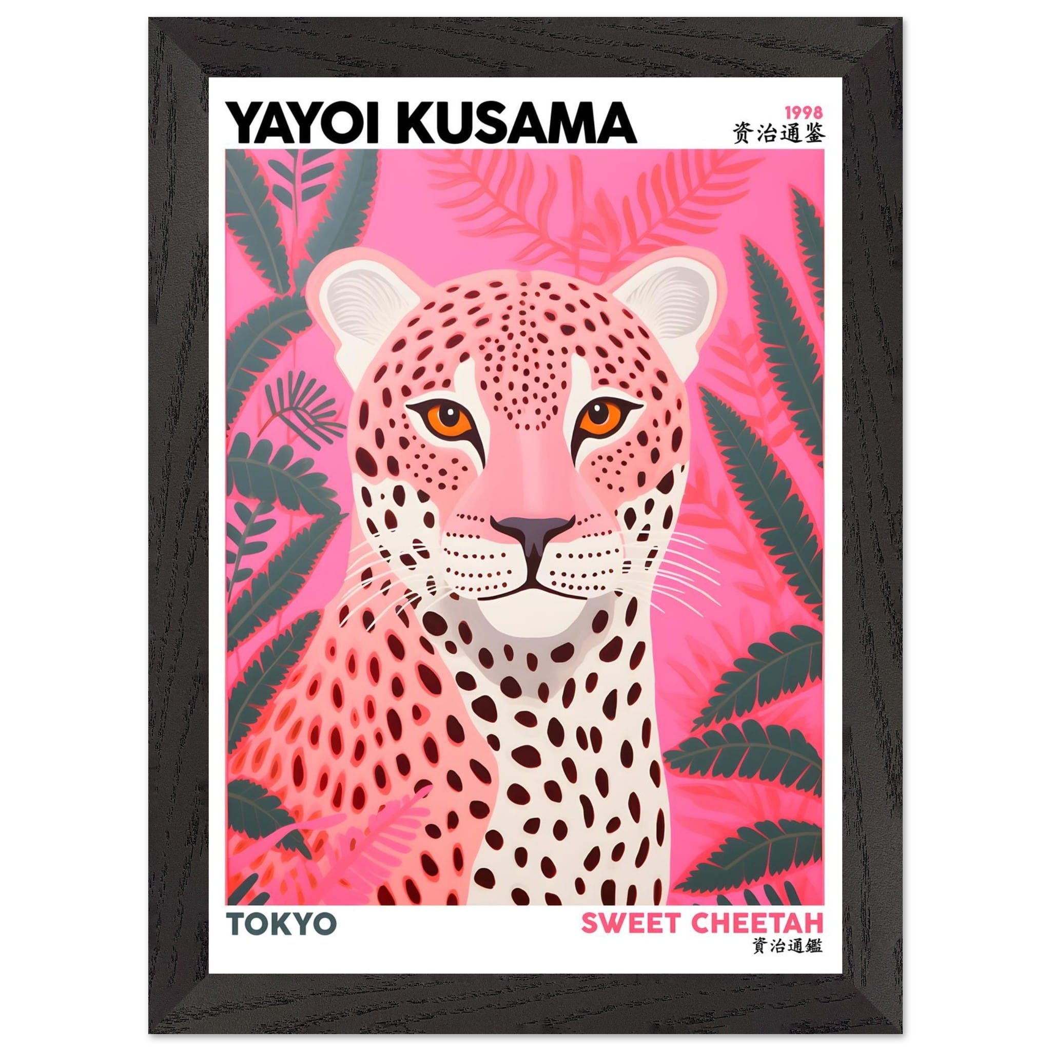 Artfulprints Poster met Lijst Yayoi Kusama - Sweet cheetah  - A4 21x29.7 cm - Roze