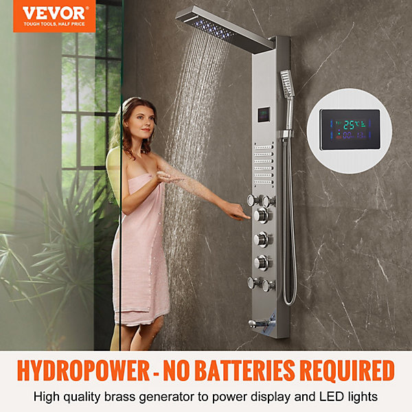 Panneau de douche 6 modes, hydroélectrique écran LED, pluie, cascade, 5 jets, pomme à main.