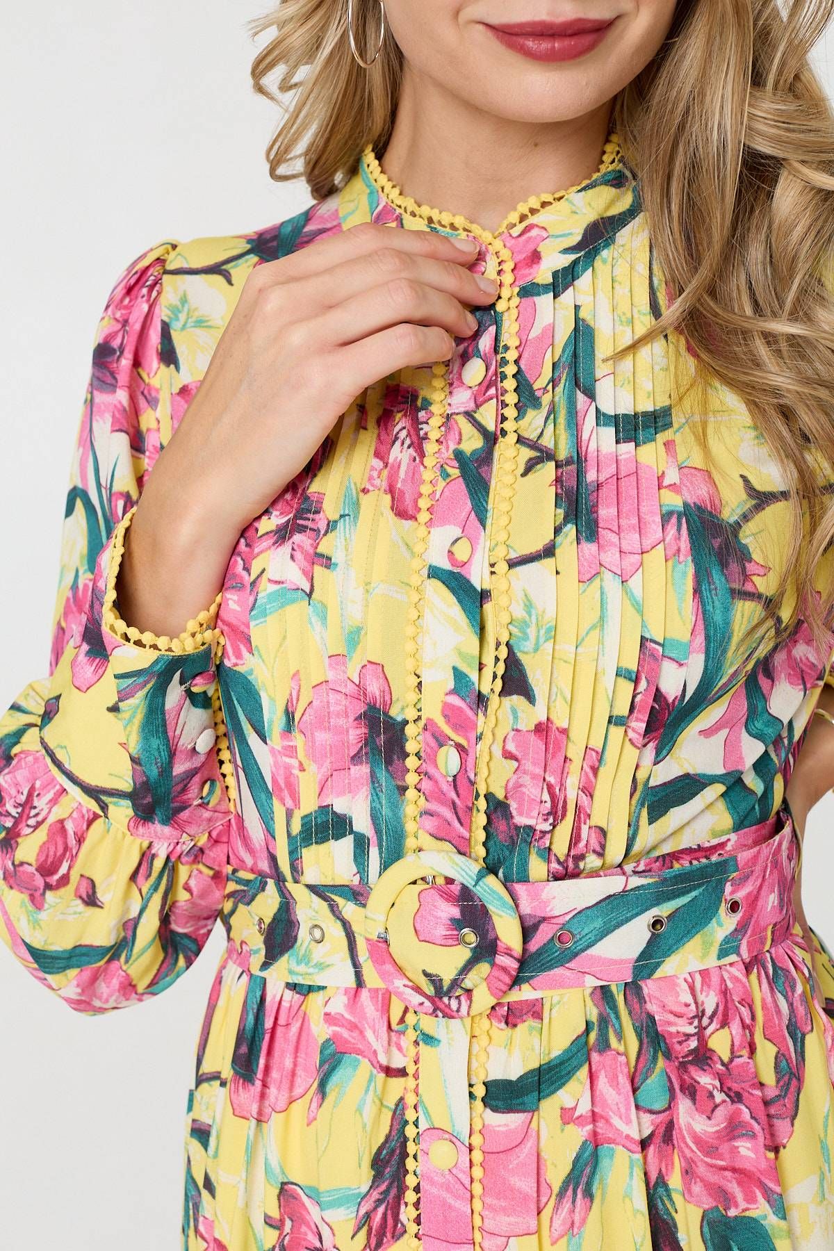 Izabel London Floral High Neck Long Sleeve Short Dress